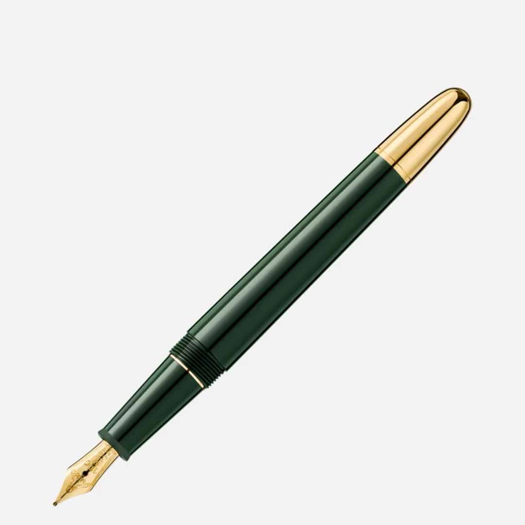 The Montblanc Meisterstuck The Origin Collection Classique Fountain Pen, a fine writing instrument with a green finish and gold nib and cap accents, is displayed diagonally on a plain white background.