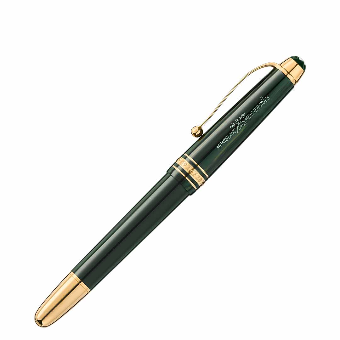 This Montblanc Meisterstück The Origin Collection Precious Resin Fountain Pen Classique M is the epitome of a fine writing instrument, showcasing a sleek black design with gold accents, an elegant clip, and engraved branding on the cap.