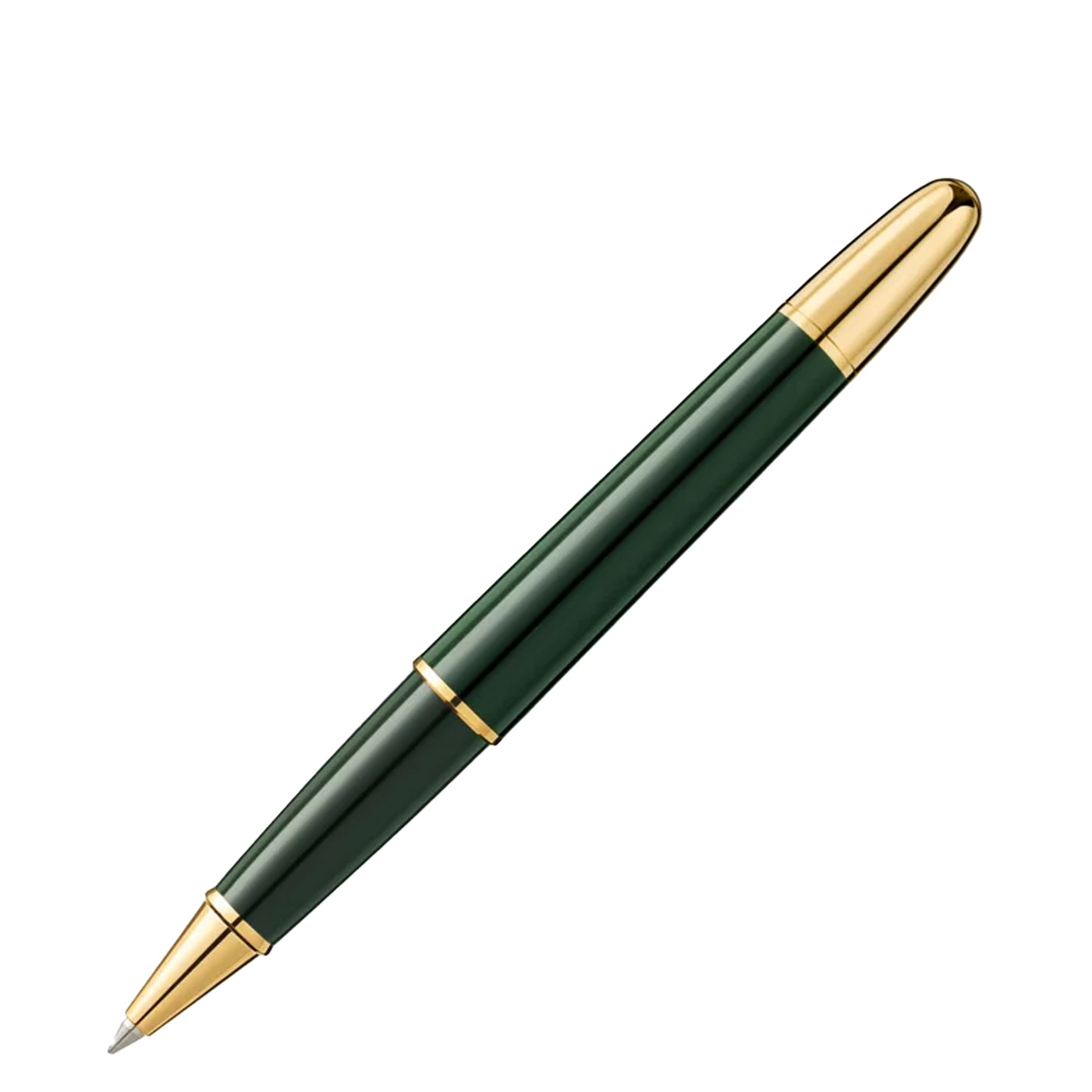 The Montblanc Meisterstück The Origin Collection Classique Rollerball Pen is a fine writing instrument that exudes elegance and precision, with its sleek design in green and gold. It features a shiny gold cap and tip set against a white background, epitomizing the sophistication of the Montblanc brand.