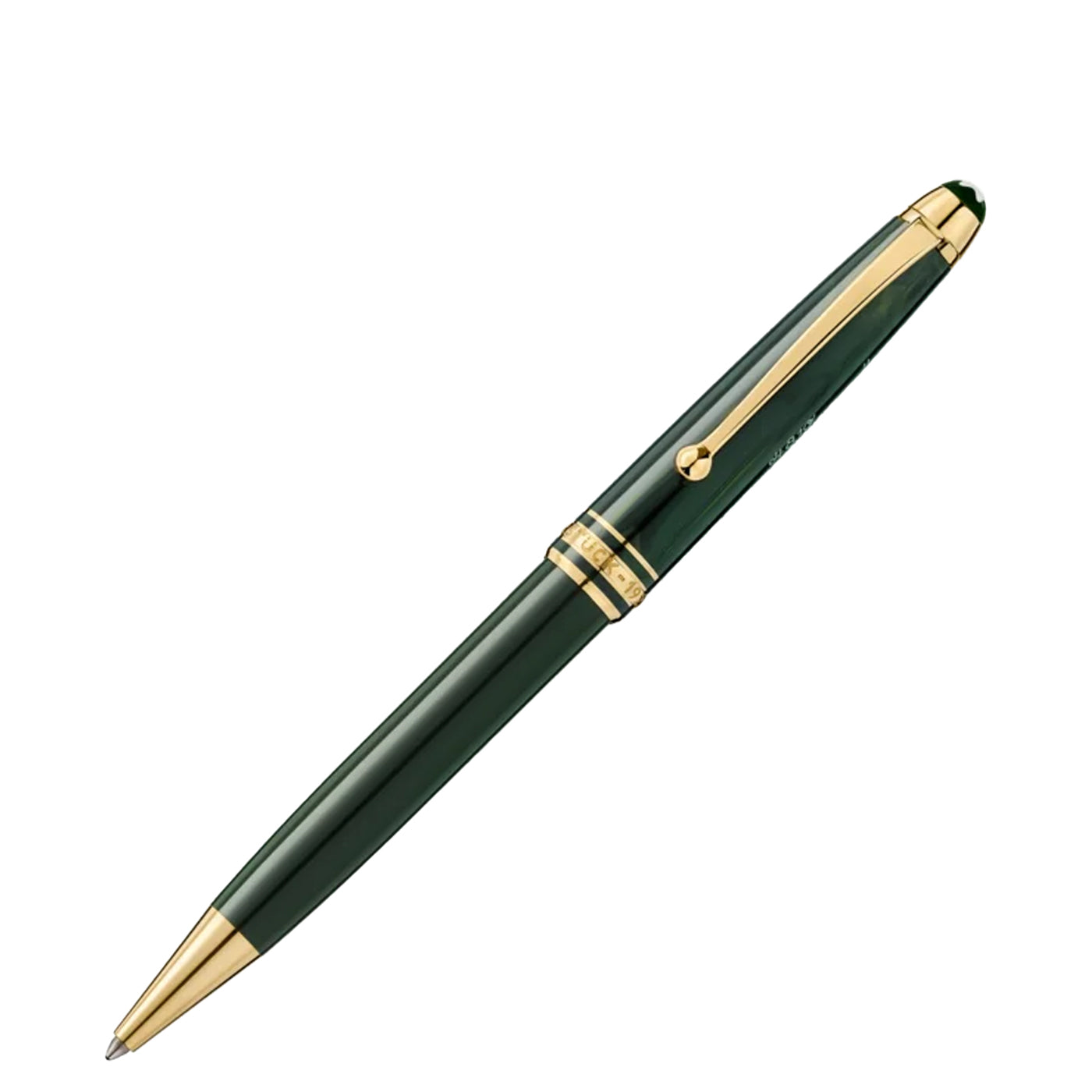 The Montblanc Meisterstück The Origin Collection Classique Green Ballpoint Pen, crafted by Montblanc, boasts a sleek dark green and gold design. Featuring a metallic clip, decorative rings near the top, and a glossy finish, this elegant writing instrument epitomizes refined style.