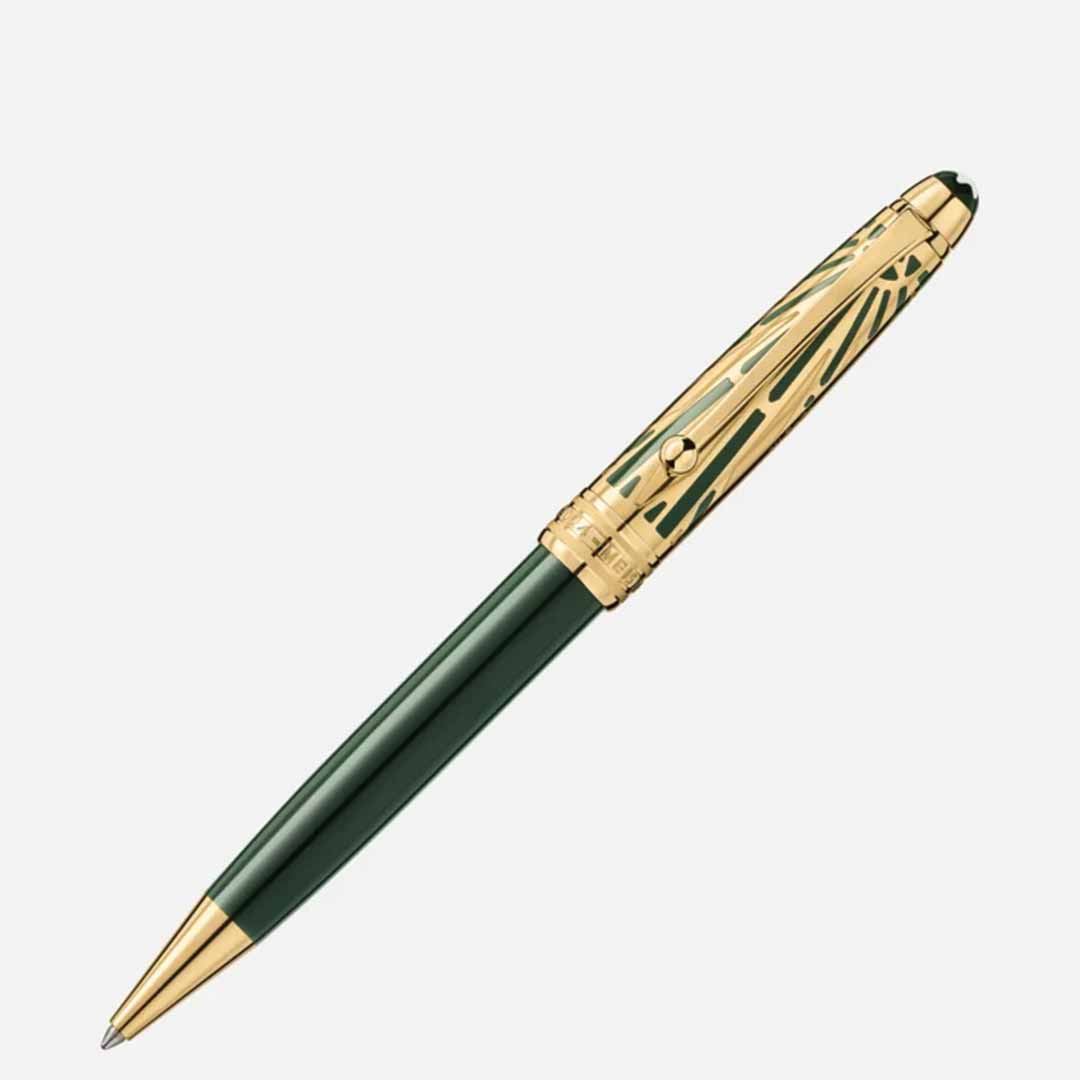 The Montblanc Meisterstück The Origin Collection Doue Classique Ballpoint Pen is a luxurious writing instrument featuring intricate Art Déco patterns on the cap, highlighted by gold accents and a sleek design. It embodies the elegance associated with Montblanc, displayed against a plain white background.