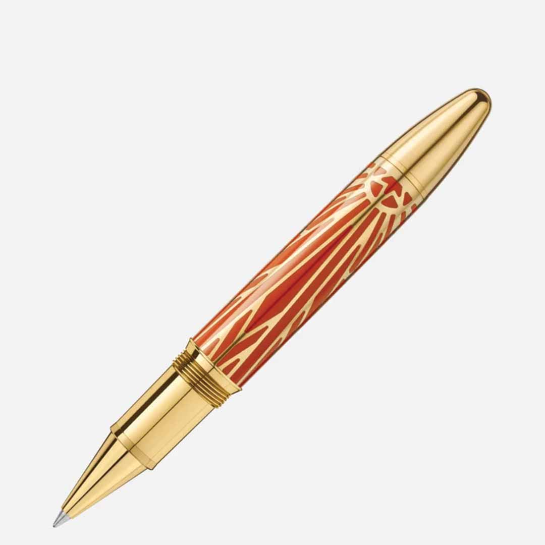 This opulent fine writing instrument from Montblanc, the Meisterstück The Origin Collection Solitaire Legrand Rollerball Pen, features a gold and red design adorned with intricate patterns and a polished, shiny finish, set against a plain white background.