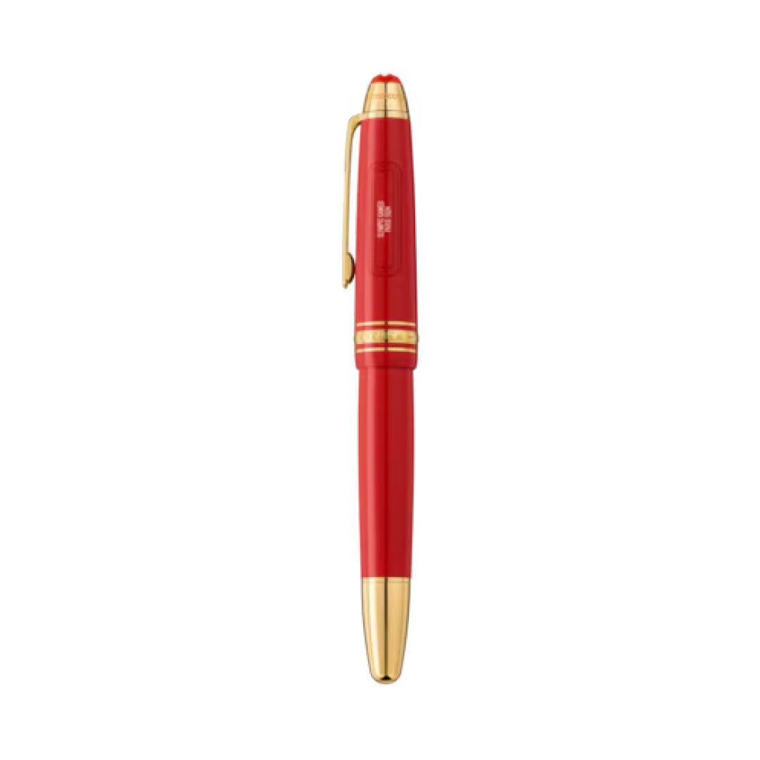 The Montblanc Meisterstück x Olympic Heritage Paris 1924 LeGrand Rollerball is a sleek pen with a red finish and gold-colored accents on the cap and tip, featuring a gold clip and a smooth, rounded design.