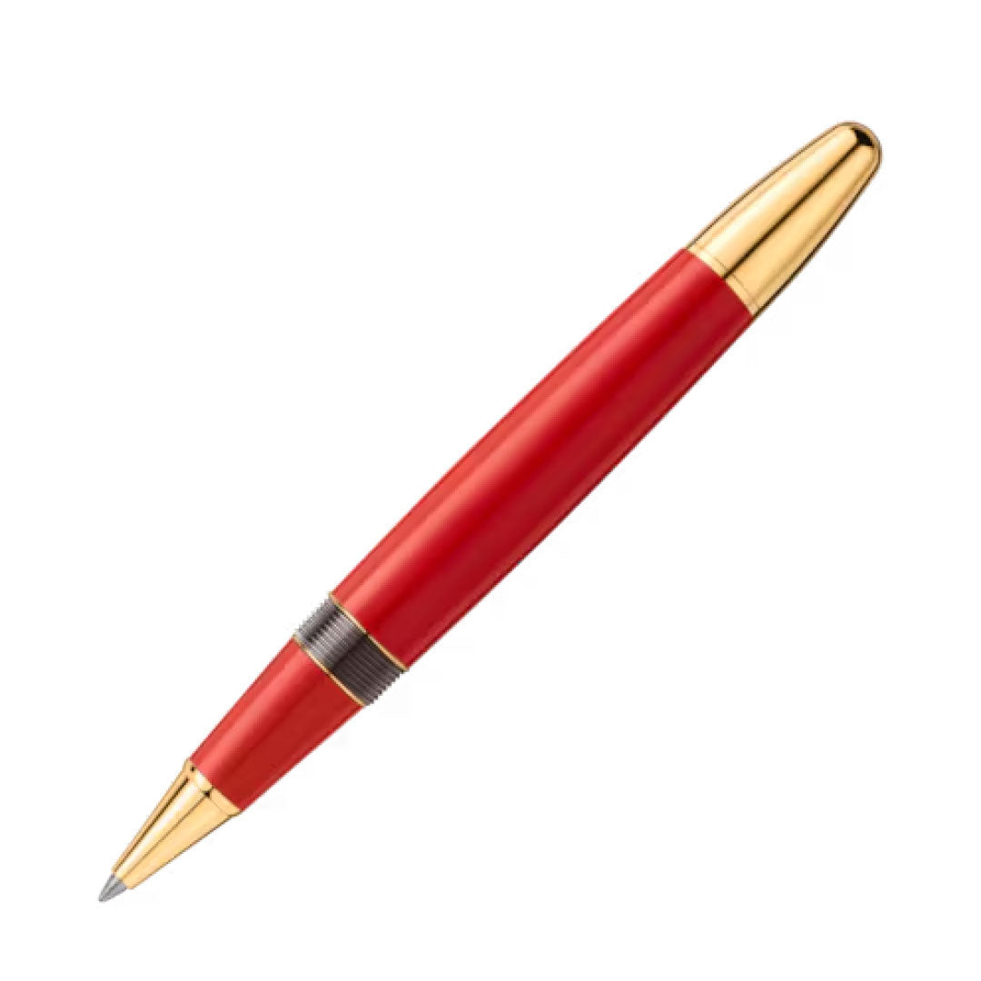 Introducing the Montblanc Meisterstück x Olympic Heritage Paris 1924 LeGrand Rollerball: a sleek red rollerball pen with gold accents on the tip, clip, and cap. The smooth, glossy barrel exudes elegance and sophistication, reminiscent of the timeless grace seen at the Olympic Games Paris 1924.