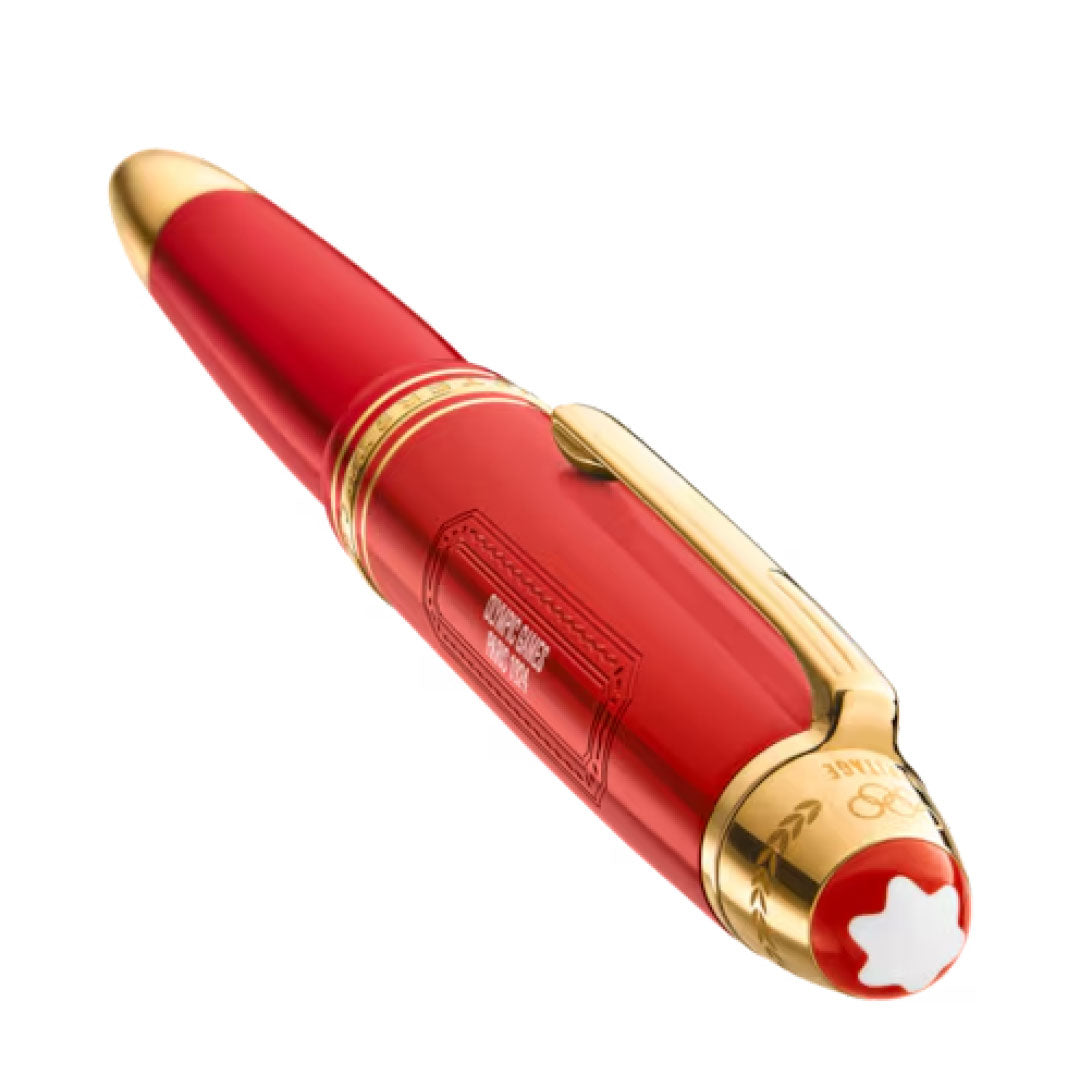 A luxurious Montblanc Meisterstück x Olympic Heritage Paris 1924 LeGrand Rollerball with gold accents and a clip. The cap and end are adorned with a gold star emblem, highlighting its special edition status. The rollerball pen showcases a sleek, elegant design characteristic of premium craftsmanship.