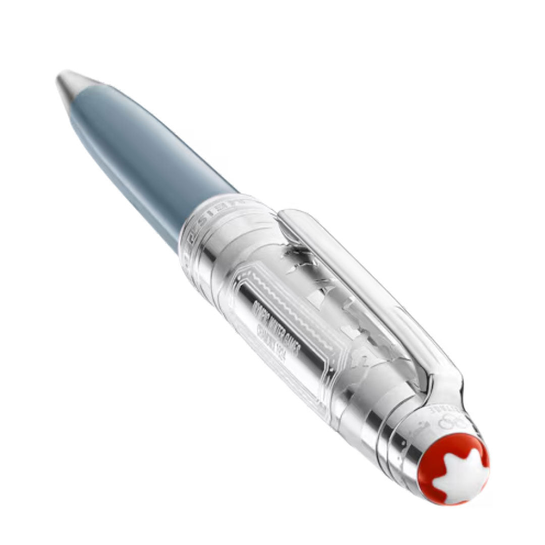 A sleek Montblanc Meisterstück x Olympic Heritage Chamonix 1924 Doué Classique Ballpoint, featuring intricate detailing and a red emblem on the cap. The pen combines polished metal with black accents, inspired by the Meisterstück centenary, offering a modern and elegant design.