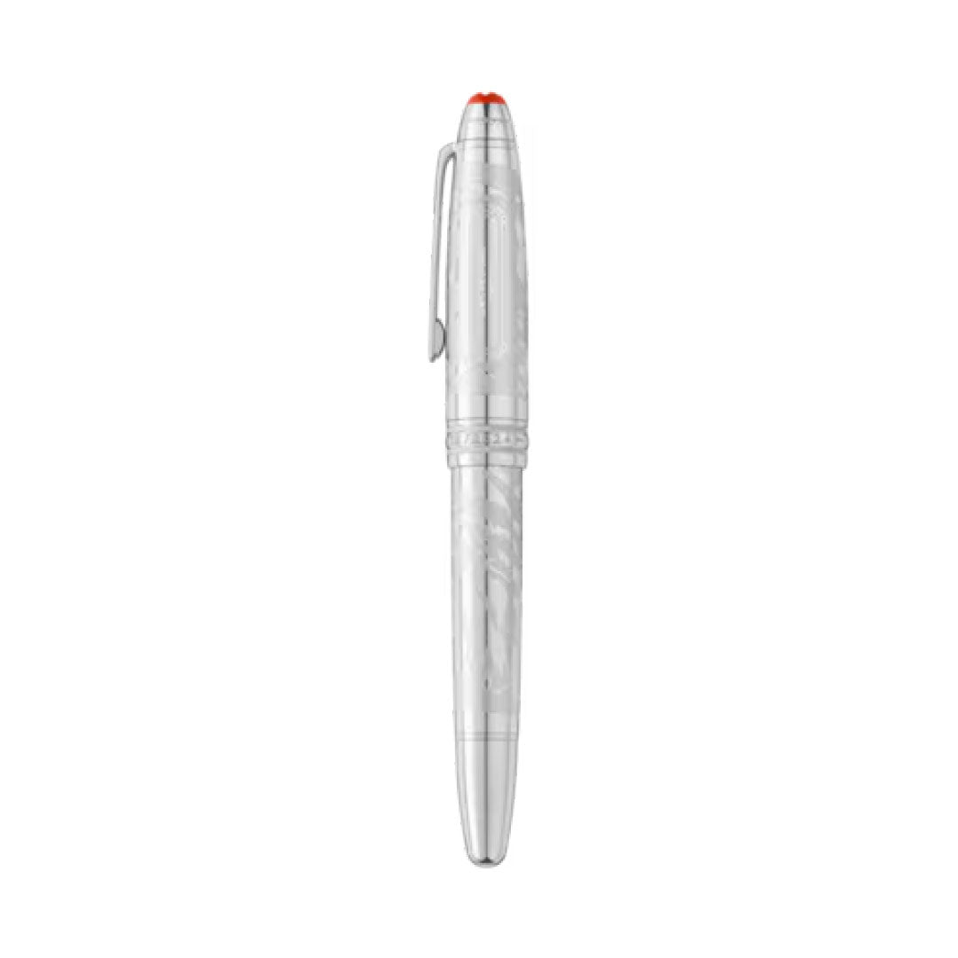 A sleek, silver Montblanc Meisterstück x Olympic Heritage Chamonix 1924 Solitaire LeGrand Rollerball with a textured body and an orange-tipped, platinum-coated cap clip, displayed vertically on a white background.