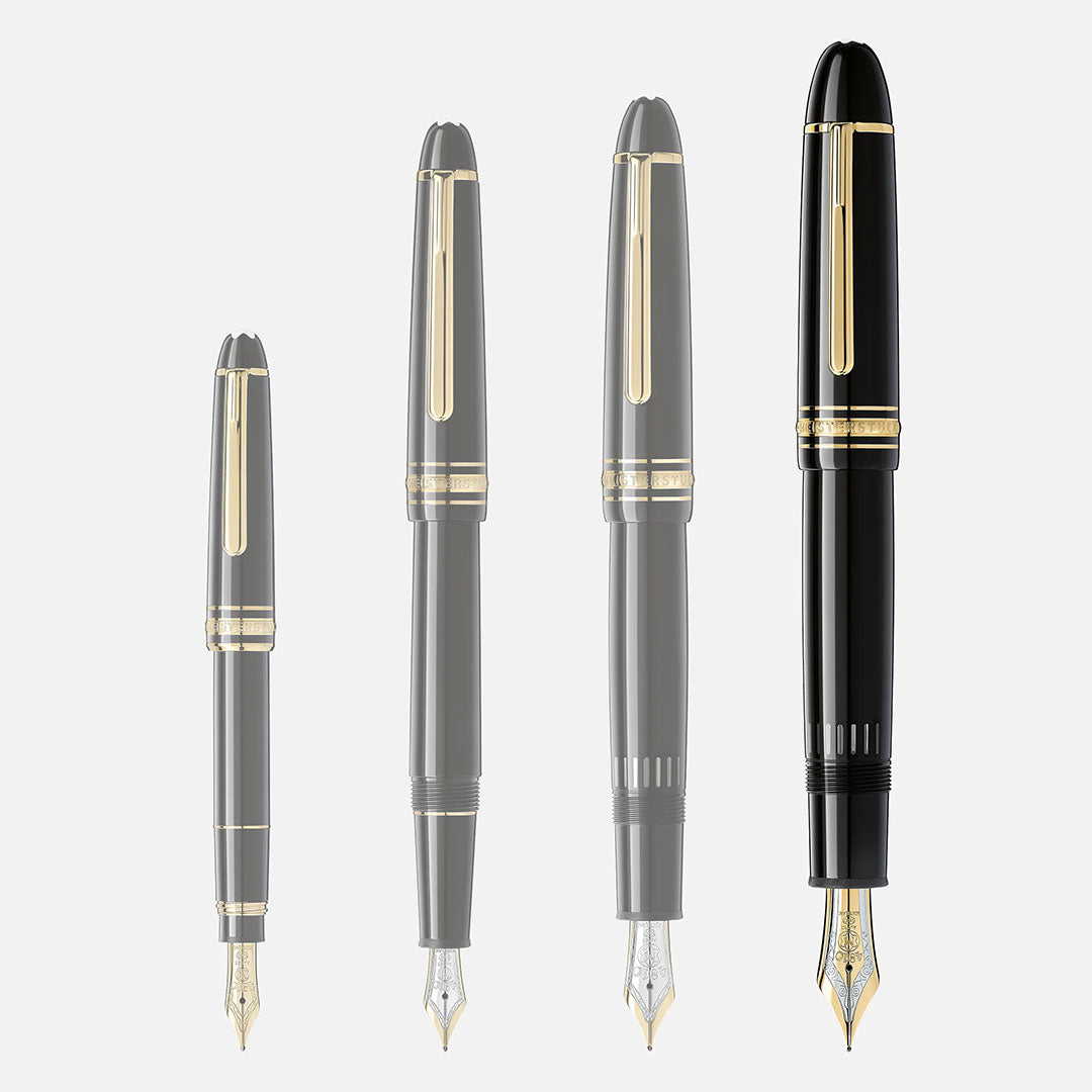 Four Montblanc fountain pens, each with a black body, gold accents, and gold nibs, are shown on a light gray background. The largest on the right is the Montblanc Meisterstück Yellow Gold Coated 149 Fountain Pen.