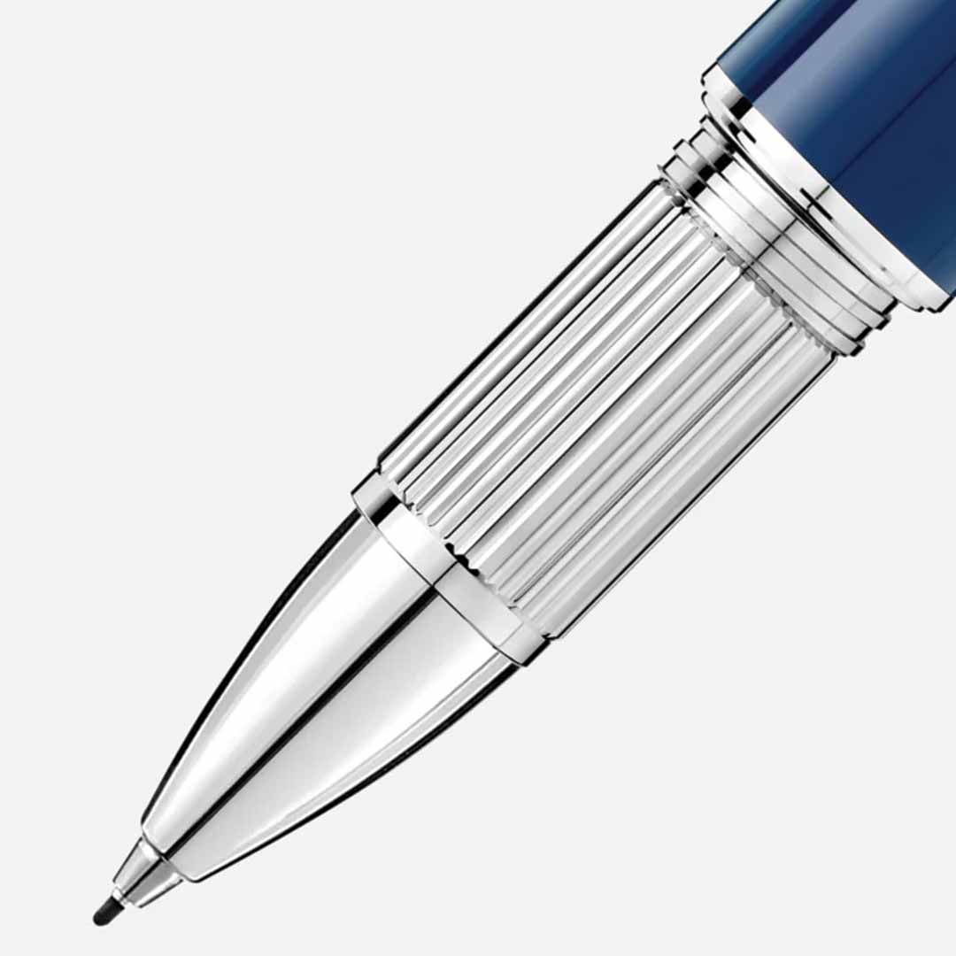 Close-up of the Montblanc Starwalker Blue Planet Doue Fineliner Pen's platinum-coated nib and ribbed grip. This pen showcases a smooth metallic finish and a sleek blue body, drawing inspiration from space exploration, set against a plain white background.