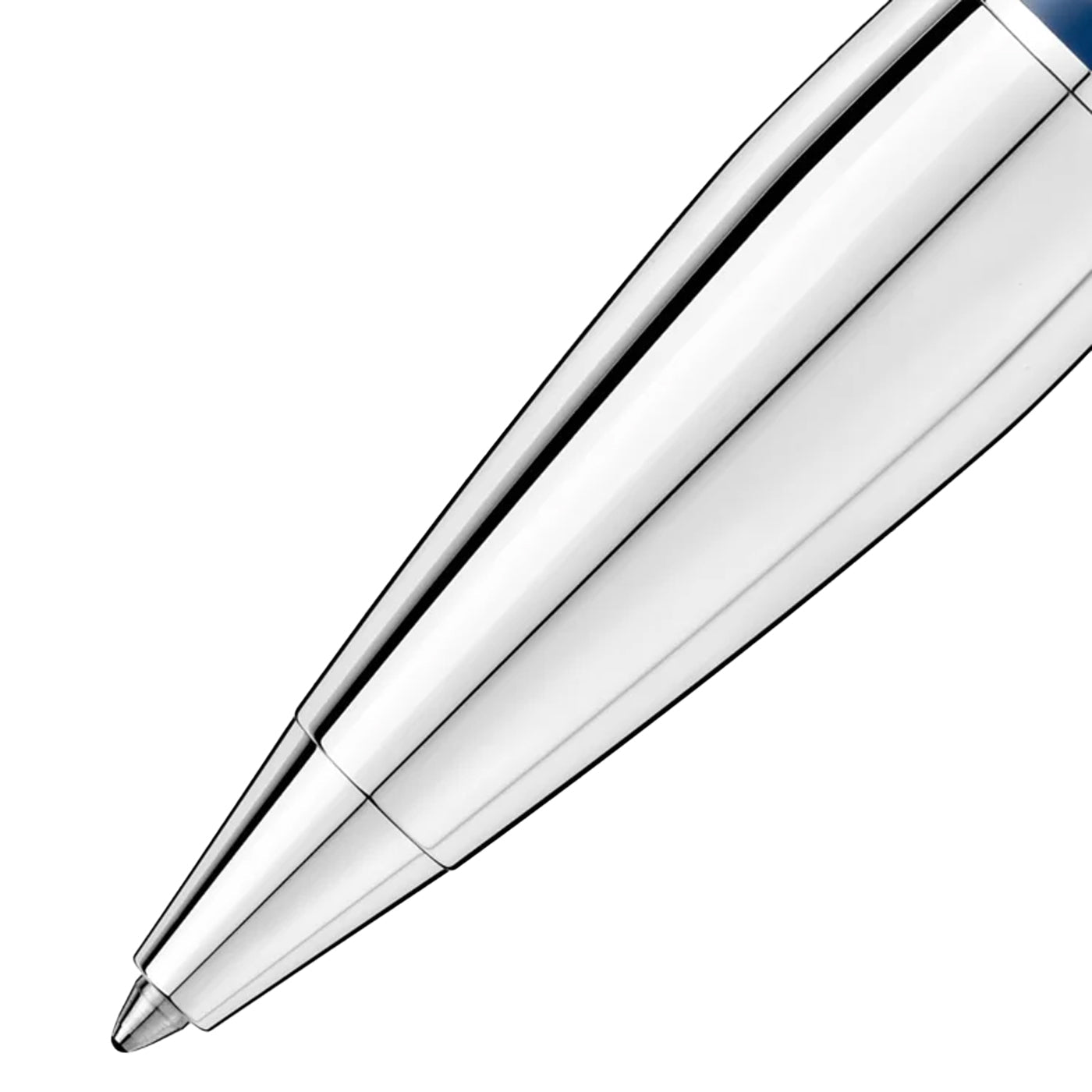 A close-up of the Montblanc Starwalker Blue Planet Doué ballpoint pen tip, presented against a plain white background. The sleek, silver pen showcases a shiny metallic finish and boasts a modern design that embodies the spirit of space exploration while highlighting its quality craftsmanship.