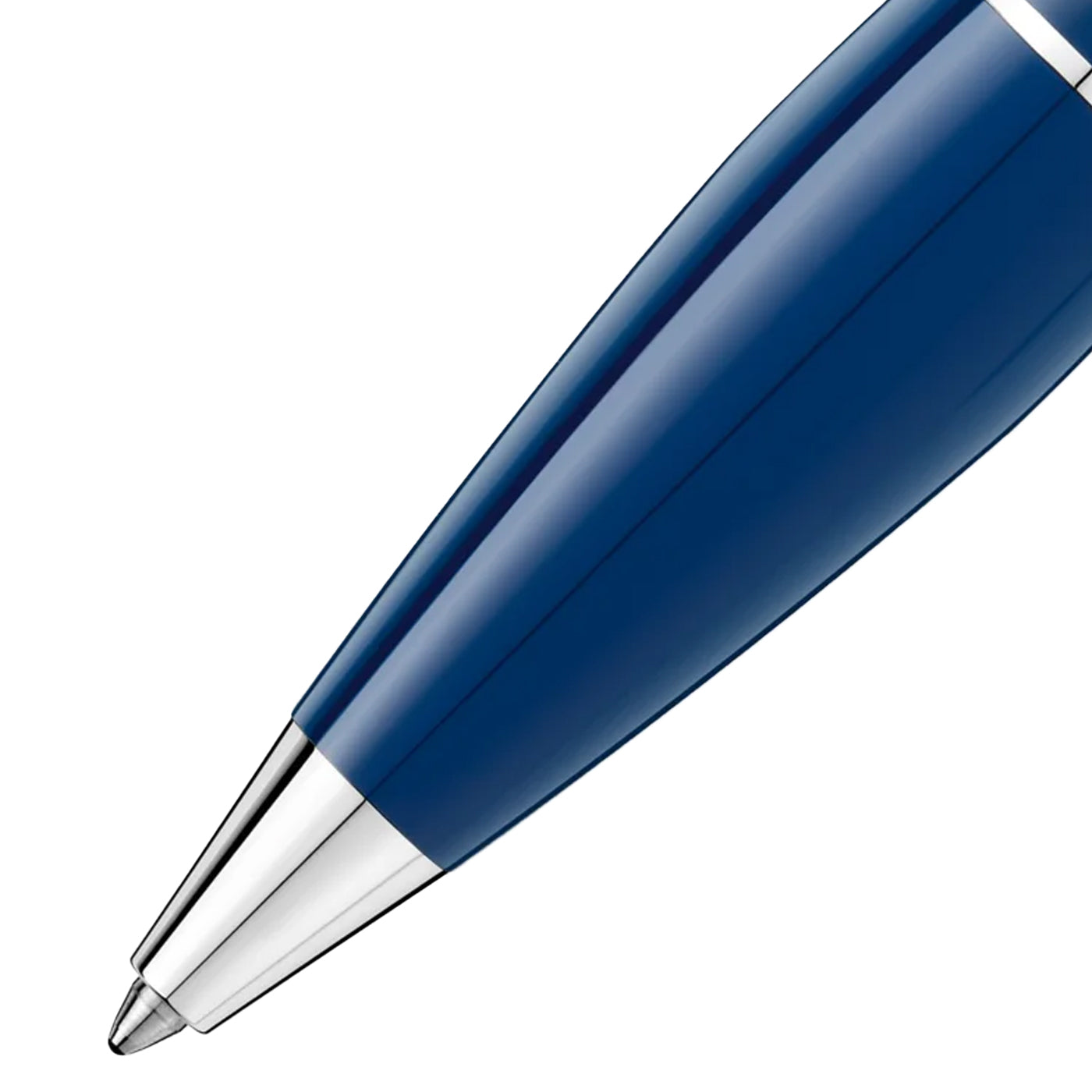 The Montblanc Starwalker Blue Planet Precious Resin Ballpoint Pen is featured in a close-up shot, highlighting its sleek blue body with a gleaming silver tip. The pen is angled slightly to emphasize its smooth finish and contemporary design against a white backdrop, capturing the elegance associated with space exploration.