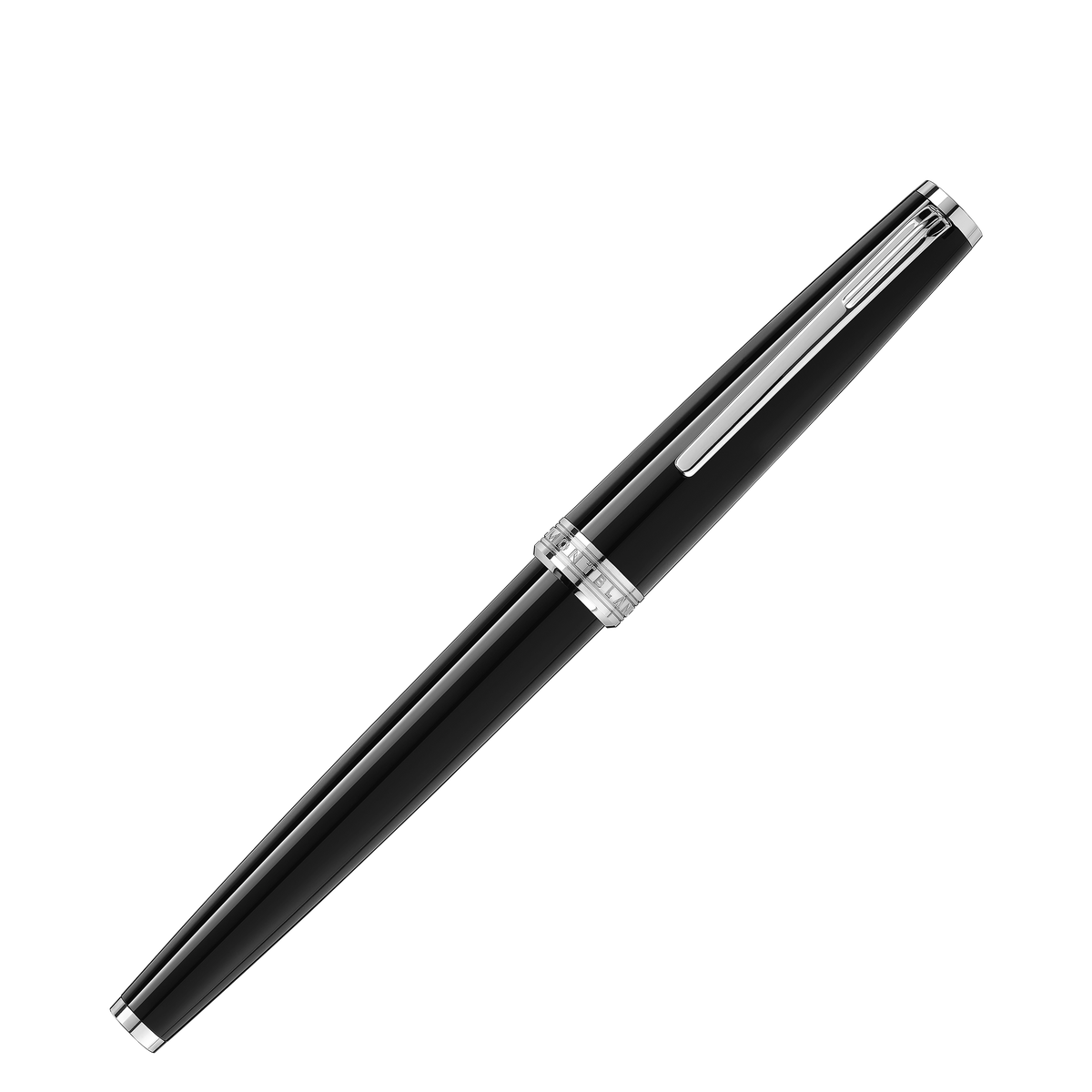 Montblanc PIX Black Rollerball Pen with a silver clip and a platinum-coated band featuring engraved lettering inspired by Bauhaus architecture.