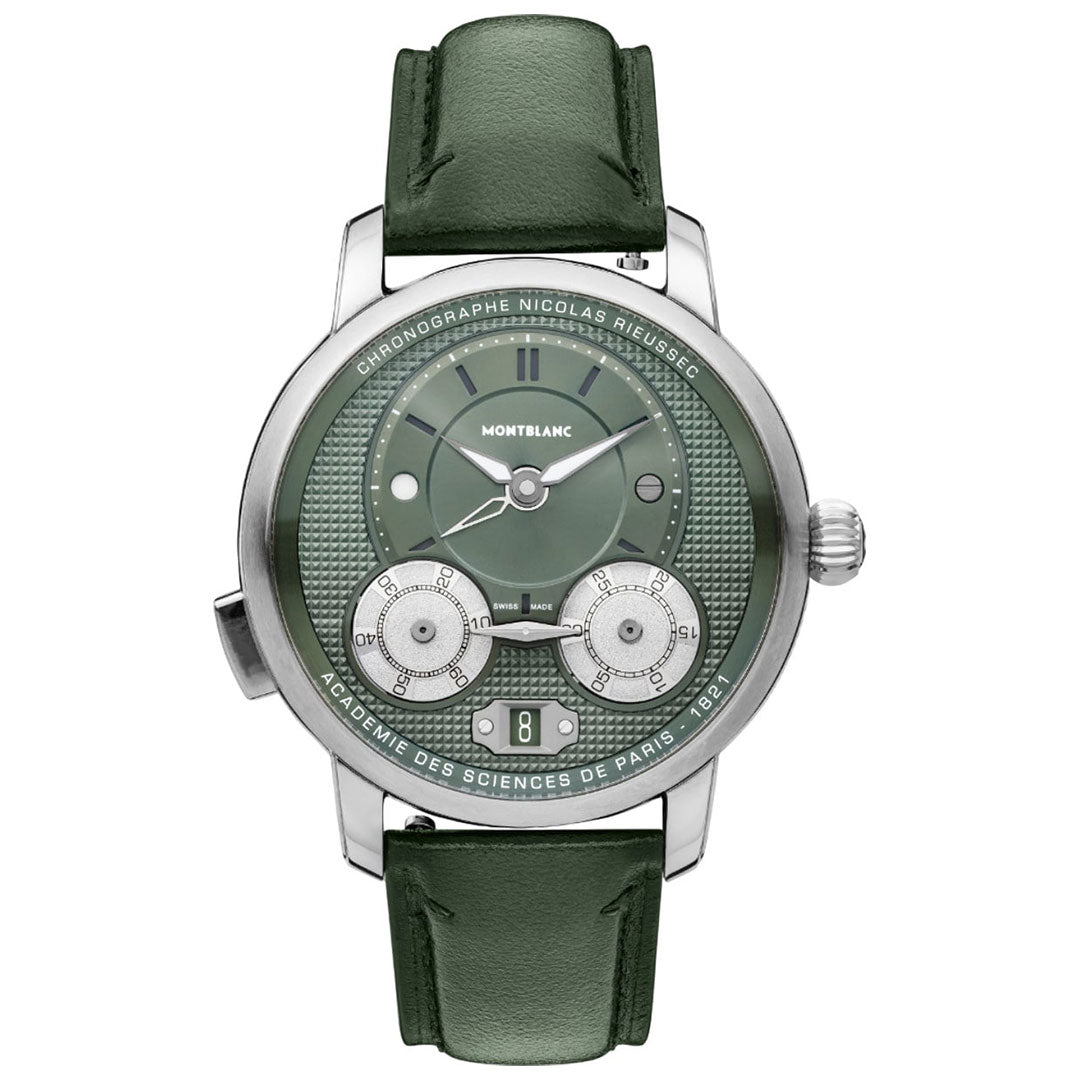 The Montblanc Star Legacy Nicolas Rieussec Chronograph Automatic 43mm Watch features a green textured dial, silver hour markers, two sub-dials, a date window, and a green leather strap with a classic round silver case.