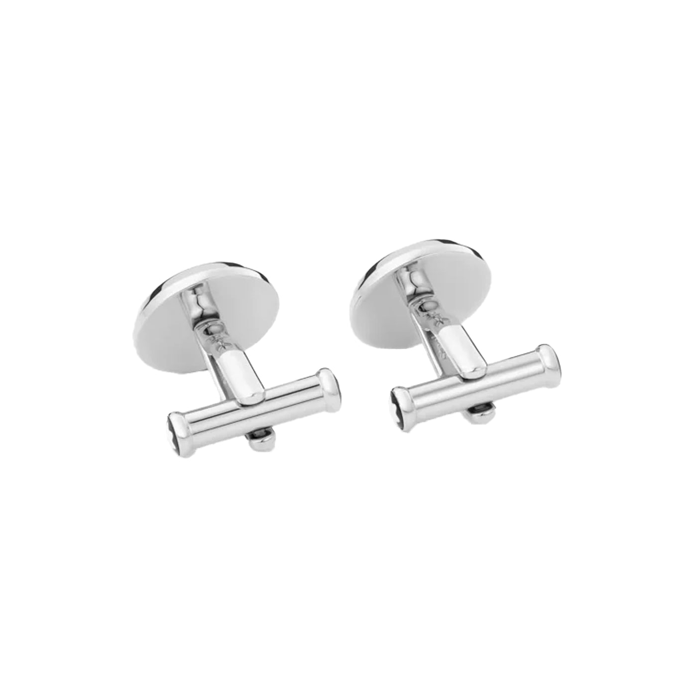 Introducing the Montblanc Meisterstück Black Cufflinks: crafted from stainless steel, these elegant cufflinks feature a polished silver design with a black lacquer inlay. Each cufflink consists of a horizontal bar connected to a round backing, beautifully showcased against a plain white background.