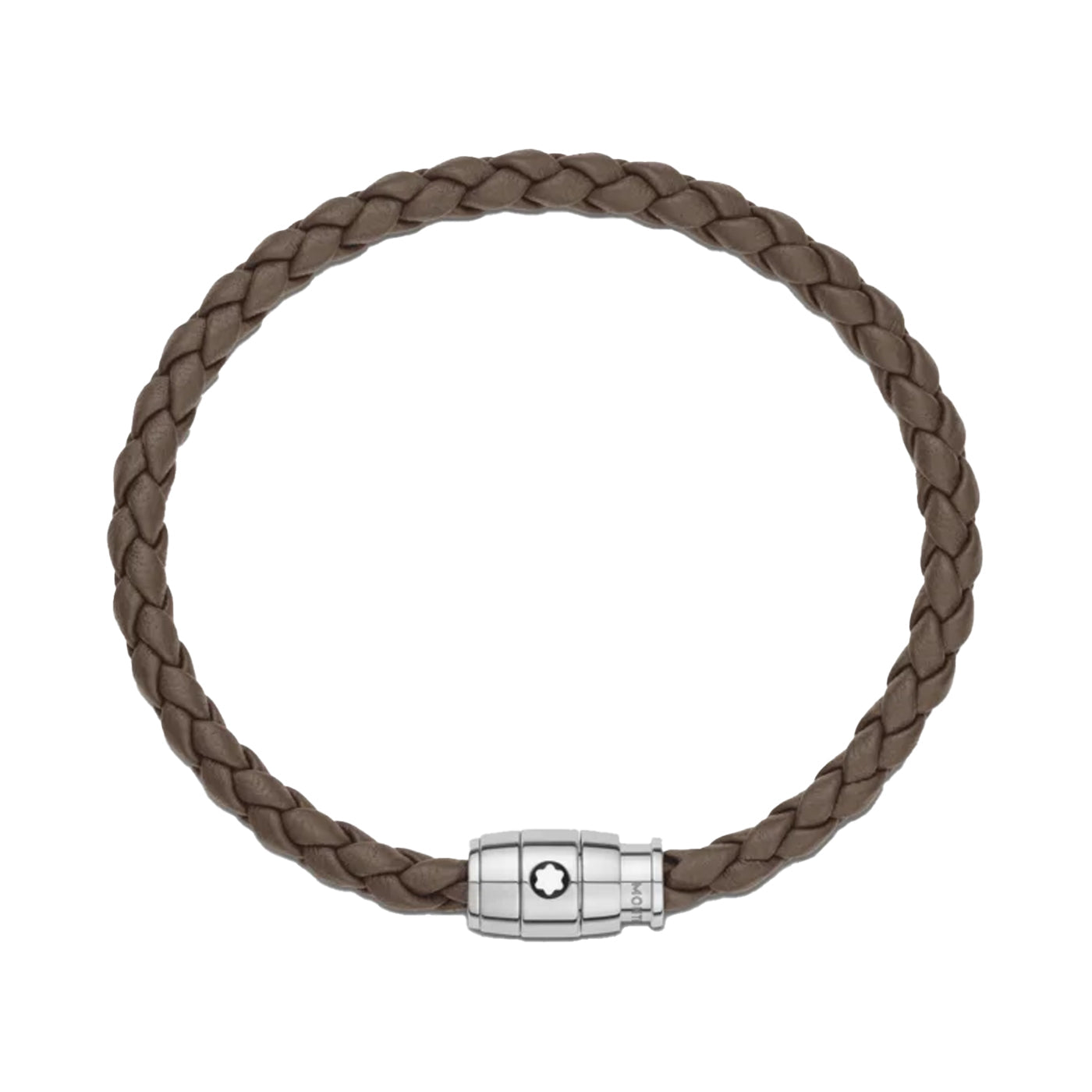 The Montblanc 3 Rings Steel Woven Brown Leather Bracelet showcases a braided mastic leather design and a sleek, polished stainless steel clasp, complete with an engraved Montblanc emblem at the center.