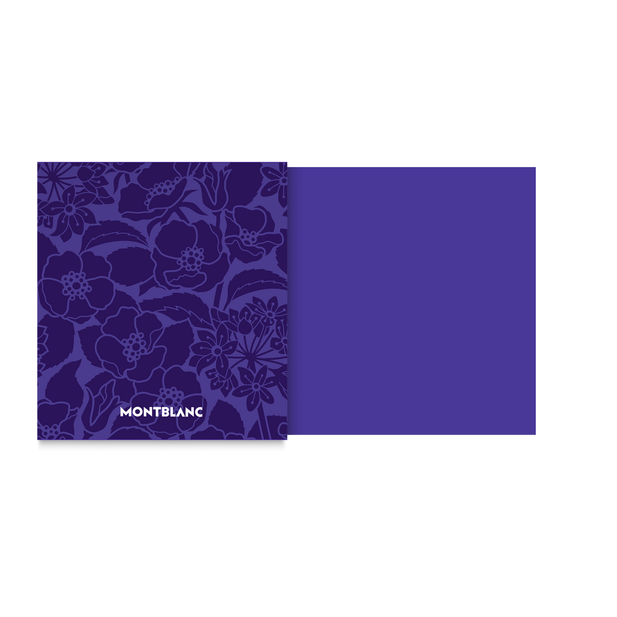 A square purple card with floral patterns and the Montblanc logo on the left; right side is a solid purple panel, ideal for gifting items like the Montblanc Ink Bottle 50ml Purple Writers Edition Homage to Bram Stoker.