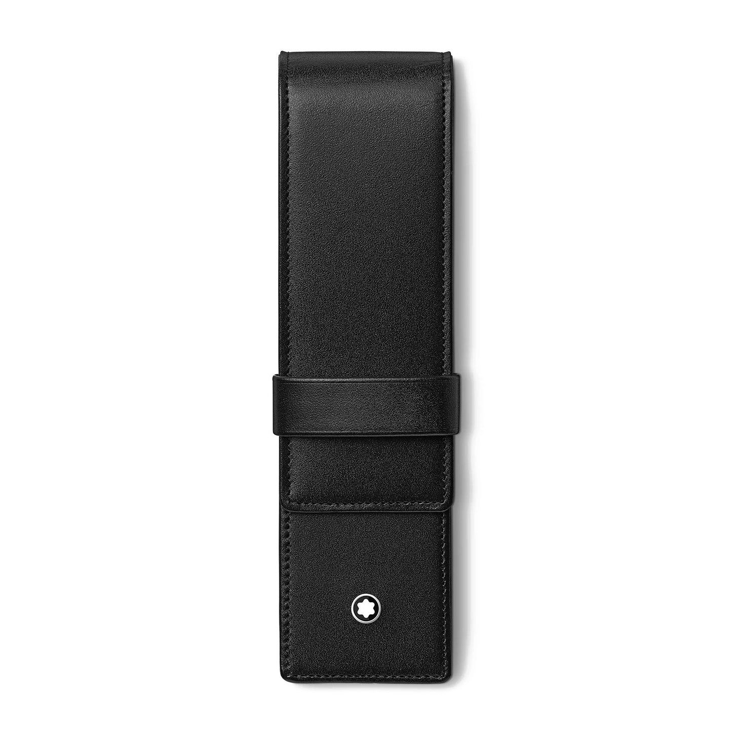 The Montblanc Meisterstück Black Leather Pen Pouch, crafted by Montblanc, features a sleek black leather design with a flap closure and is accented with a small circular logo at the bottom.