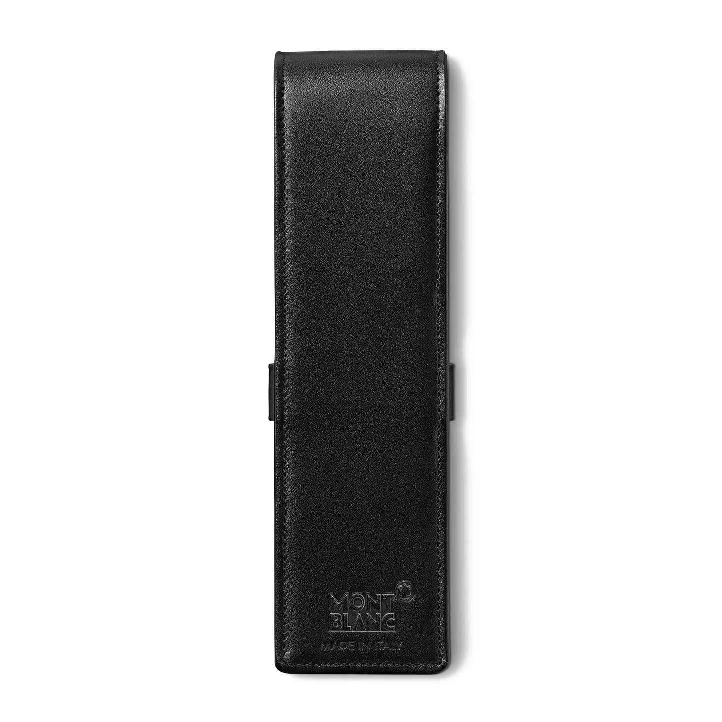 Introducing the Montblanc Meisterstück Black Leather Pen Pouch: a sleek, rectangular design with a flap closure. It features the iconic Montblanc logo and "Made in Italy" embossed on the bottom front, making it an ideal accessory for discerning individuals.