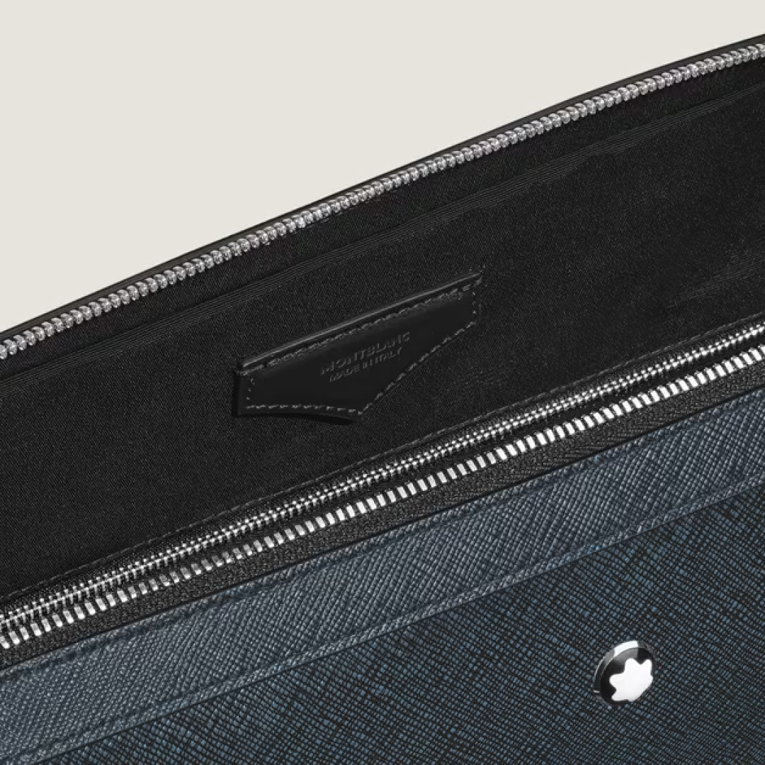 Close-up of the Montblanc Sartorial Thin Document Case Bag in textured black leather, featuring a silver zipper and a small white Montblanc emblem near the zip. Interior details crafted in premium black leather.