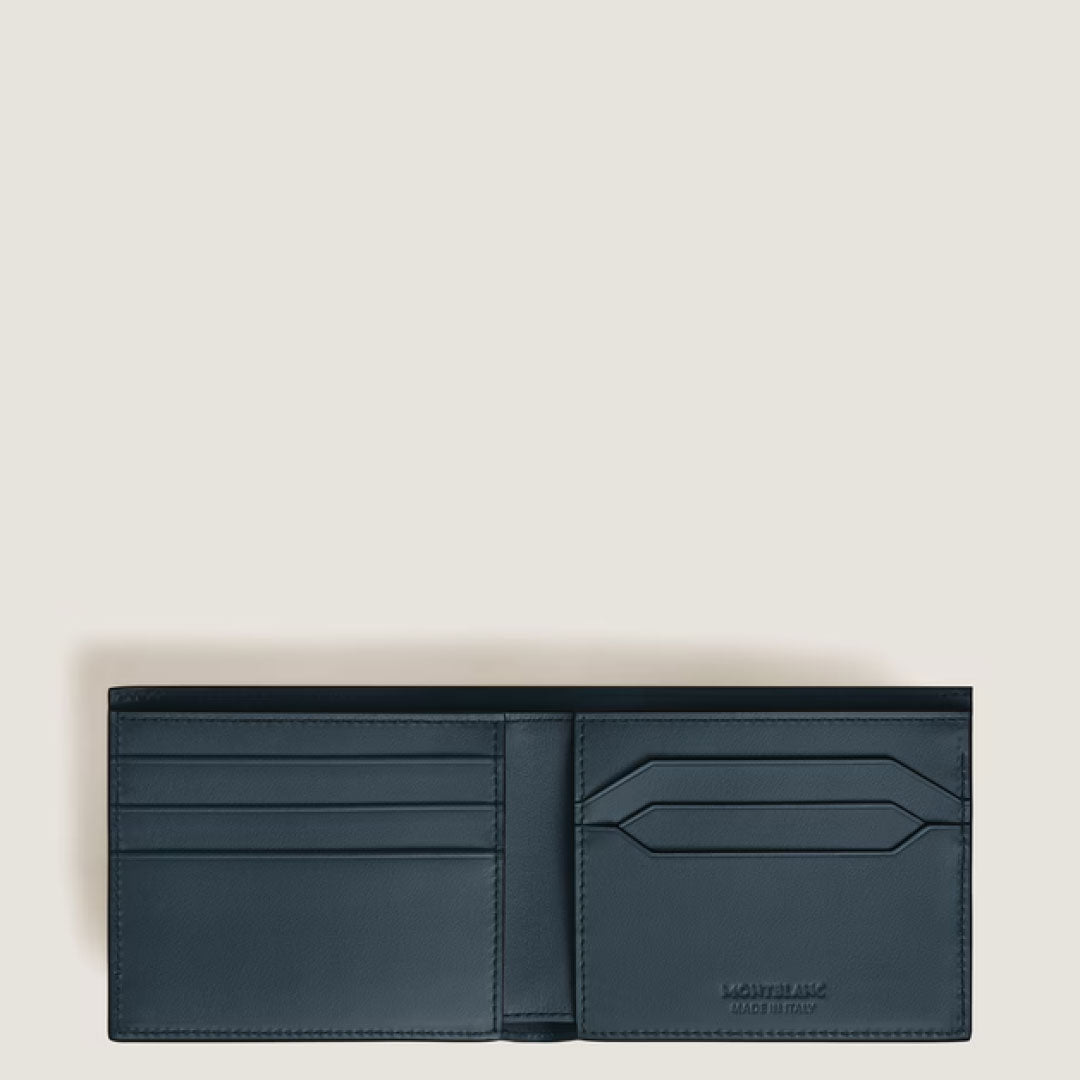 The Montblanc Meisterstuck 6CC Leather Wallet, shown open against a light background, features multiple card slots and a large pocket in classic black leather.