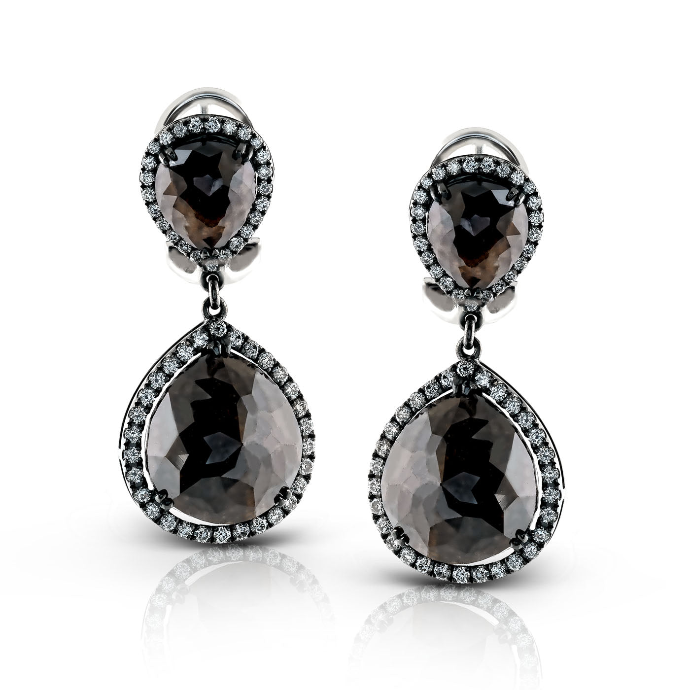 These Simon G. 18K White Gold Diamond Earrings exhibit an elegant teardrop design with large, faceted black stones encircled by small clear gems. The double-tier structure accentuates the main teardrop shape with matching smaller stones positioned above, offering a stunning complement to any look.
