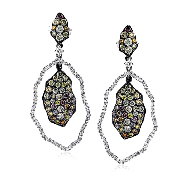Simon G. 18K White Gold Diamond Earrings feature intricate designs, with each earring showcasing a colorful gemstone cluster at the center. This is elegantly surrounded by a dual teardrop frame of clear stones, creating a sophisticated and glamorous appearance reminiscent of diamond earrings.