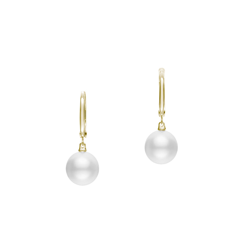 The Mikimoto Morning Dew 18K Yellow Gold South Sea Pearl Drop Earrings showcase two elegant earrings with dangling South Sea pearls against a plain white background.