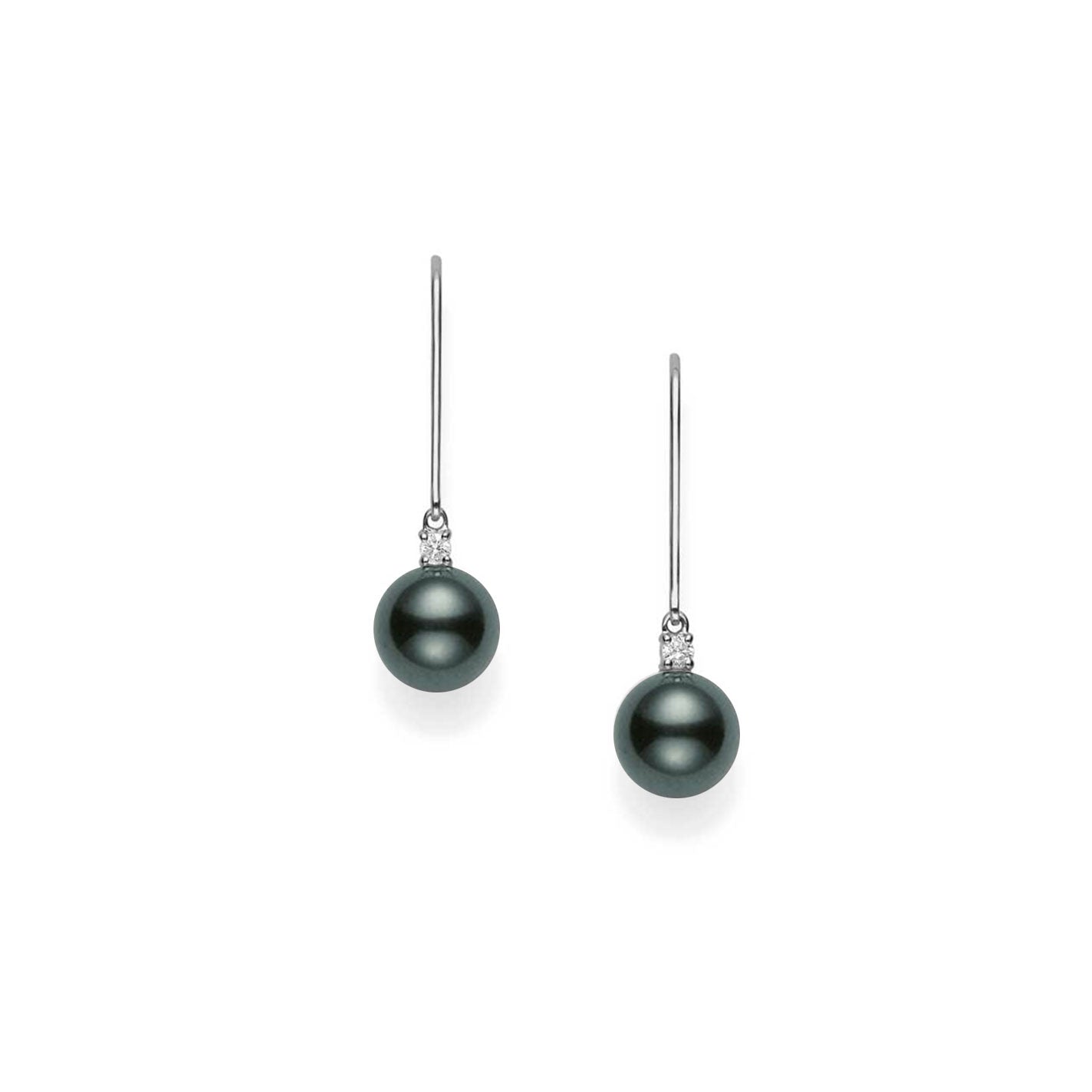 The Mikimoto 18K White Gold Black South Sea Pearl Drop Earrings present an elegant design with round black pearls gracefully hanging from sleek white gold hooks, set against a plain white background.