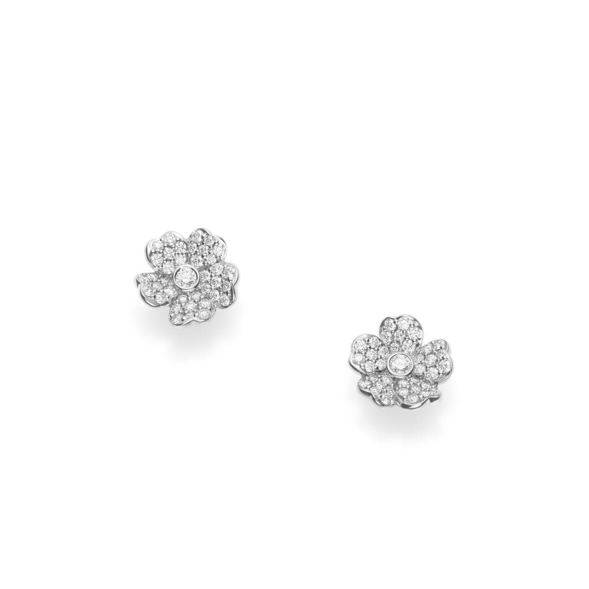 These elegant Mikimoto Cherry Blossom earrings showcase flower-shaped diamond studs, with each petal adorned in multiple sparkling diamonds. Crafted from 18K white gold, they are beautifully arranged against a plain white background.