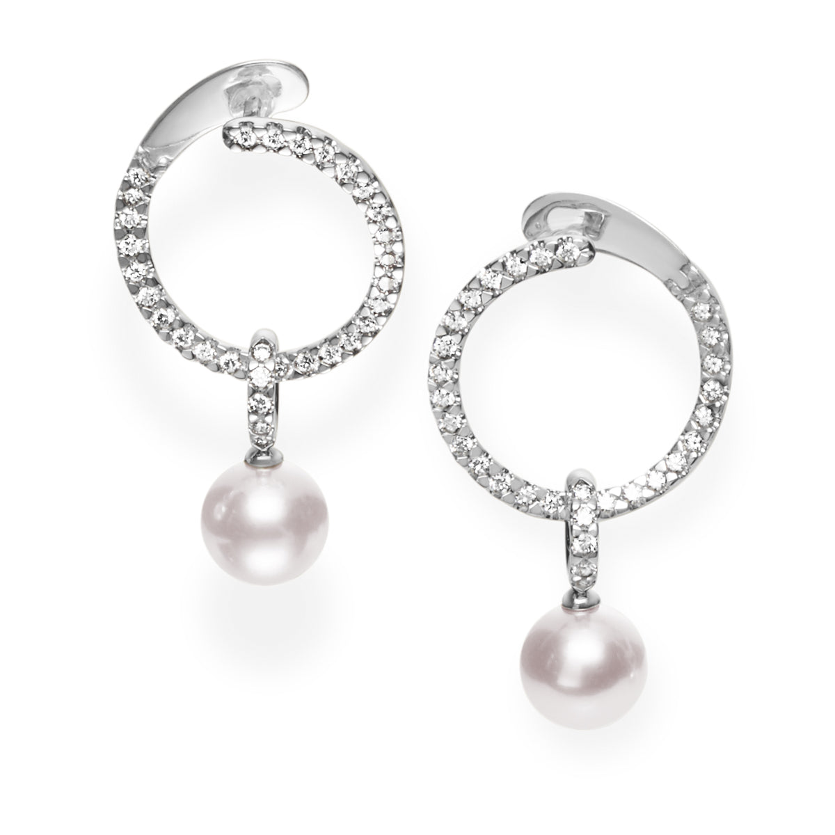 The Mikimoto Classic 18K White Gold Diamond and Akoya Cultured Pearl Huggie Earrings by Mikimoto boast a luxurious and shimmering aesthetic, showcasing circular designs embellished with small diamonds and adorned with a single dangling cultured pearl each.