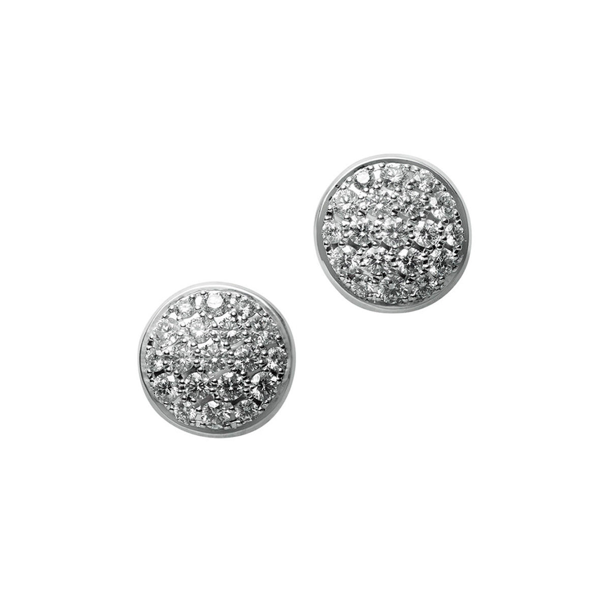 These exquisite Mikimoto 18K White Gold Diamond Circle Stud Earrings feature a round, silver-colored design with a textured, sparkling surface reminiscent of small crystal clusters. Crafted from white gold, they are perfect for complementing any attire and exude the elegance characteristic of fine Mikimoto jewelry.