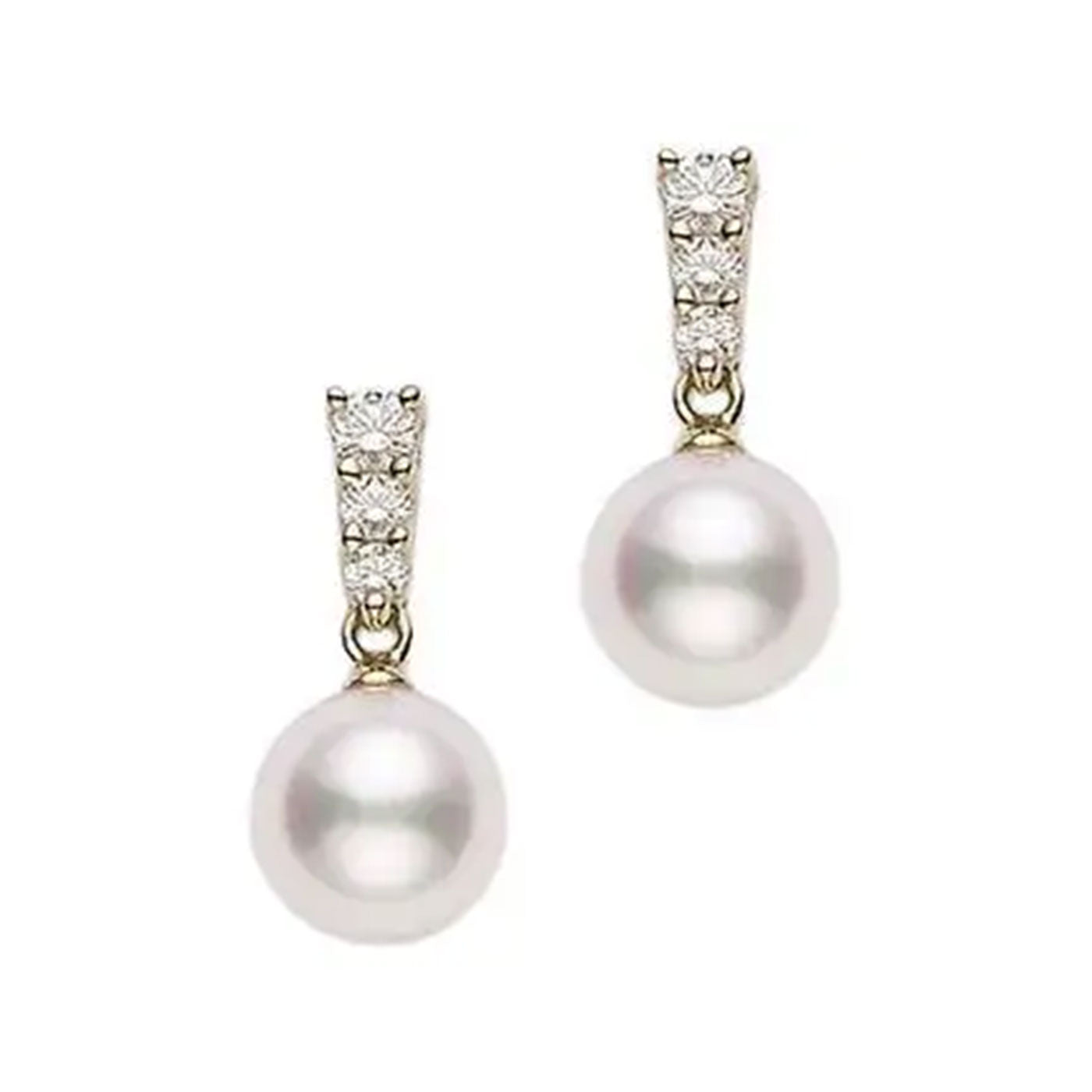 The Mikimoto Morning Dew 18K Yellow Gold Earrings showcase stunning diamond accents and sophisticated Akoya cultured pearl drops, all elegantly framed in a pristine white setting.