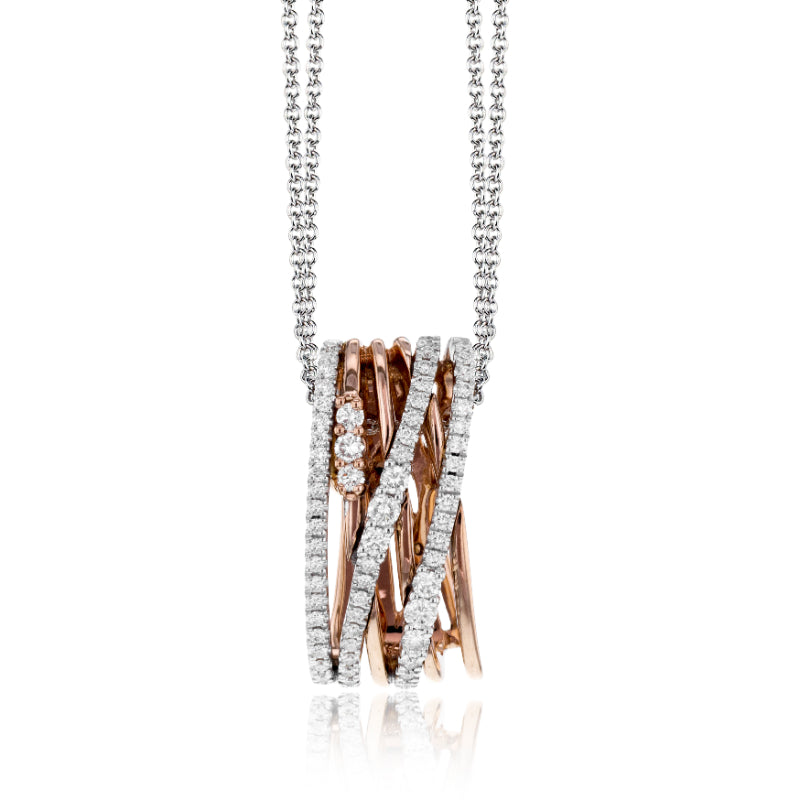 Introducing the Simon G. 18K Rose and White Gold Diamond Necklace Pendant: a masterpiece of intertwined rose and white gold bands, embellished with shimmering white diamonds. This elegant pendant is beautifully suspended from a fine silver chain.