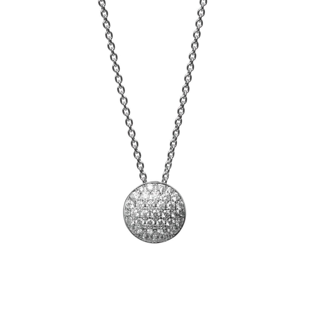 The Mikimoto 18K White Gold Diamond Circle Necklace Pendant features a luxurious round pendant encrusted with diamonds, elegantly set on a simple chain.