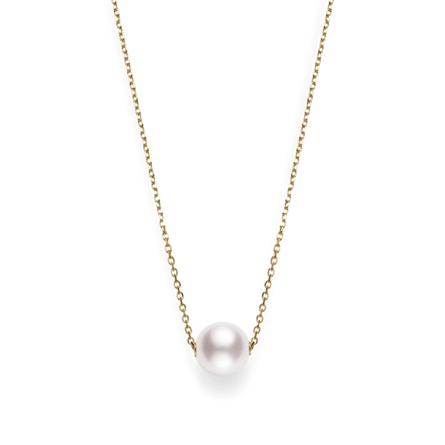 The Mikimoto 18K Yellow Gold Akoya Cultured Pearl Necklace Pendant showcases an elegant arrangement, with a delicate gold chain highlighting a beautifully centered Akoya cultured pearl. The necklace is set against a simple white background to emphasize its sophistication.