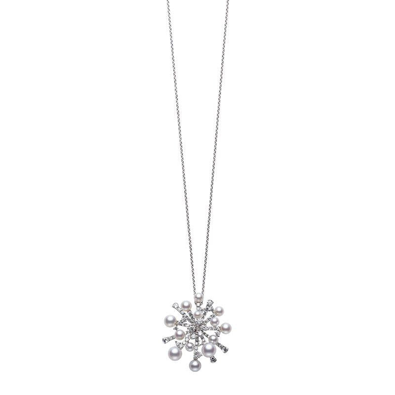 Introducing the Mikimoto Splash Collection 18K White Gold Diamond with Akoya Cultured Pearl Necklace Pendant—a striking silver necklace featuring a snowflake-inspired design adorned with cultured pearls and accented with sparkling gemstones. This elegant piece, crafted by renowned brand Mikimoto, offers an intricate charm suitable for any occasion.