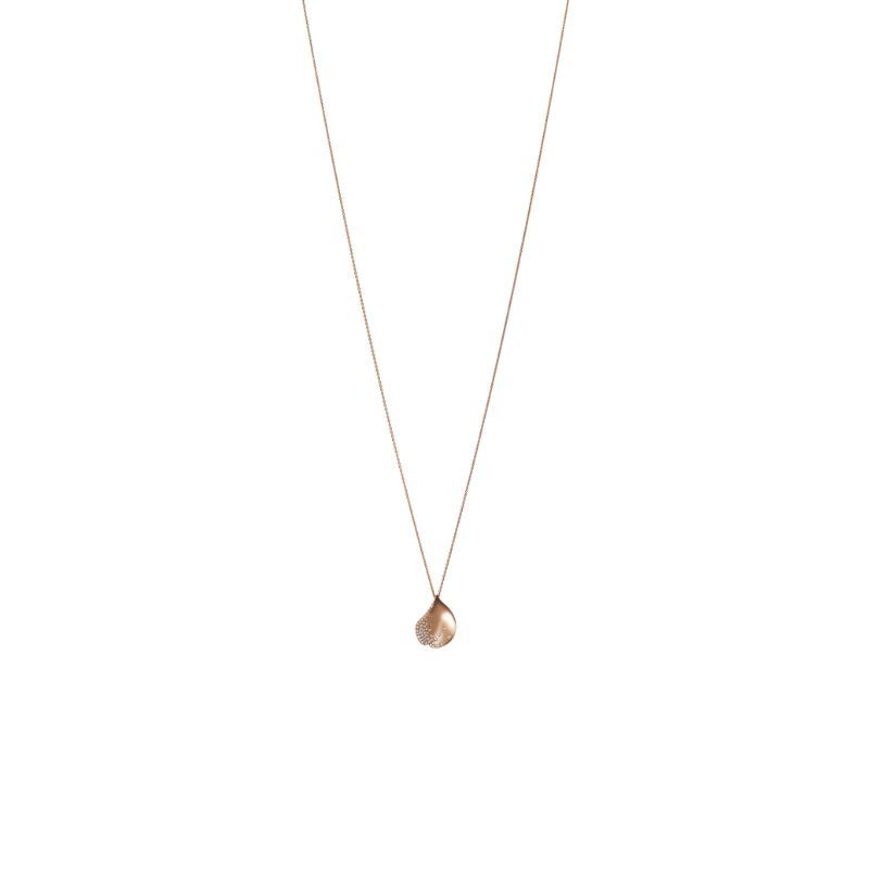 Introducing the Mikimoto Les Pétales de Ginza Collection: a delicate 18K rose gold diamond necklace pendant, elegantly displayed on a plain white background.