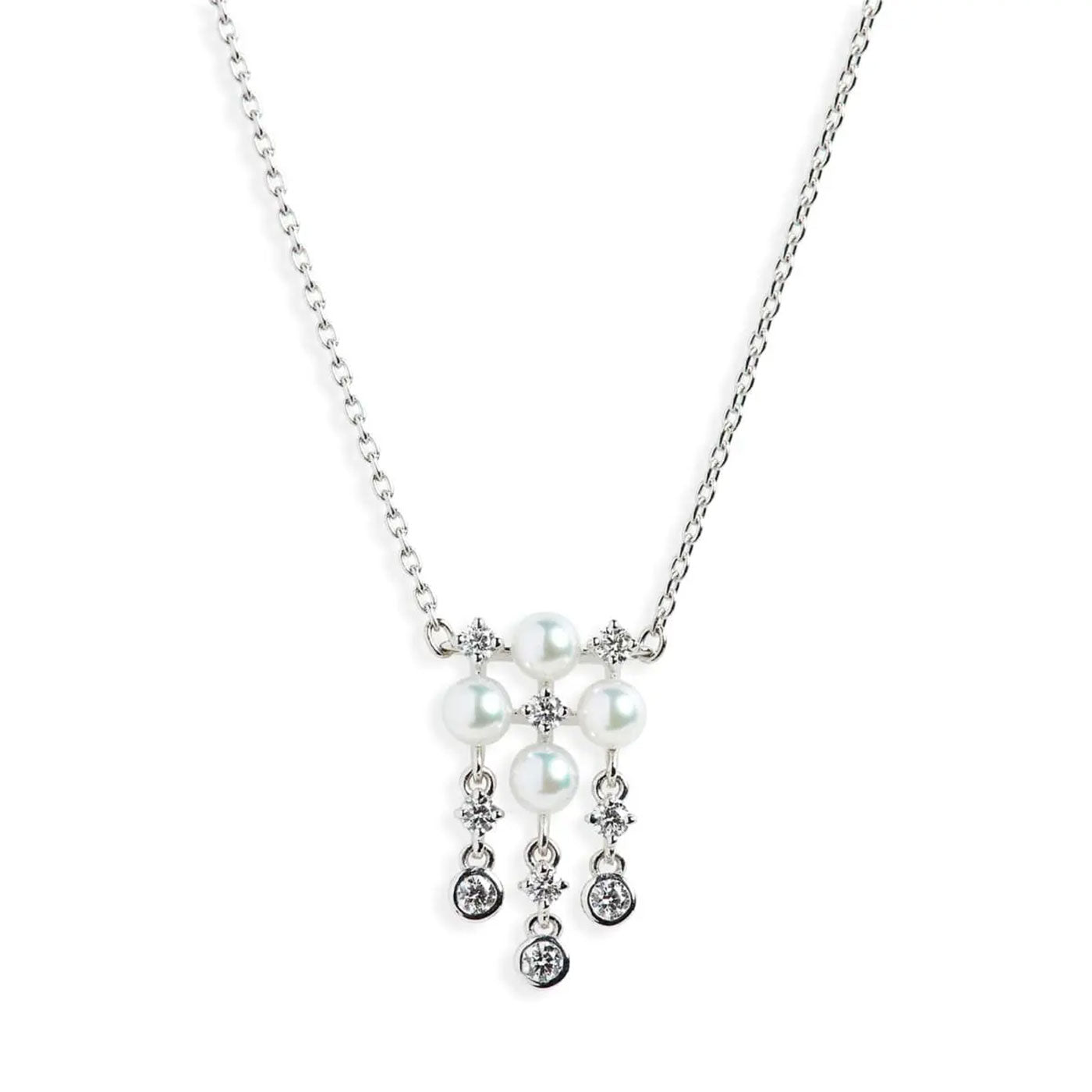 The Mikimoto 18K White Gold Diamond with Akoya Cultured Pearl Necklace Pendant by Mikimoto features a delicate chain highlighting a cluster of cultured pearls and glittering gemstones arranged vertically. Three strands of pearls and gemstones elegantly dangle at the bottom, enhancing the sophistication of this exquisite piece.