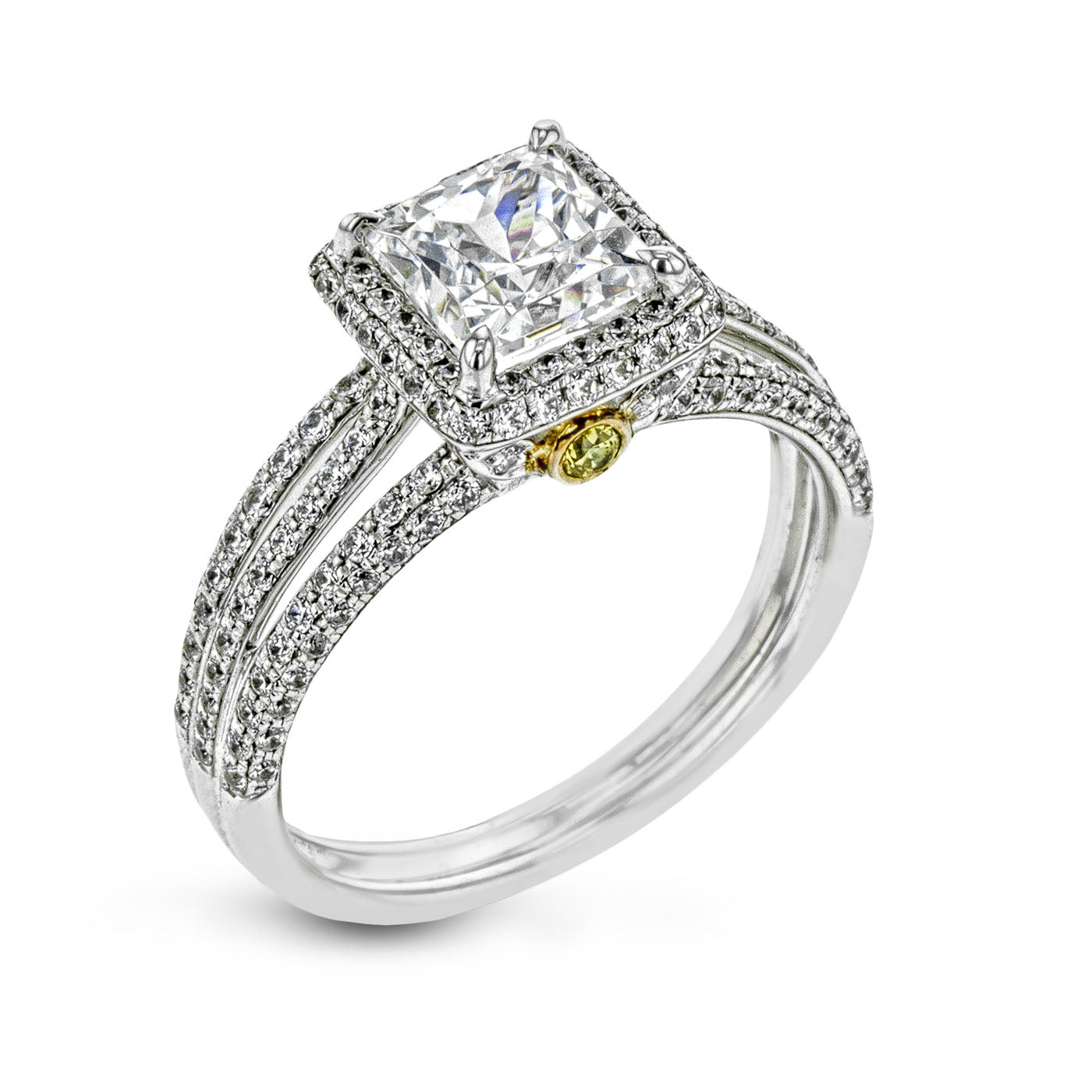 Introducing the Simon G 18K White Gold Zirconium with Diamond Ring: A stunning piece highlighted by a large square-cut diamond at its center, framed by smaller round diamonds. The band showcases intricate craftsmanship with multiple rows of tiny diamonds, complemented by a small yellow gem accent on the side. Brought to you by Simon G.