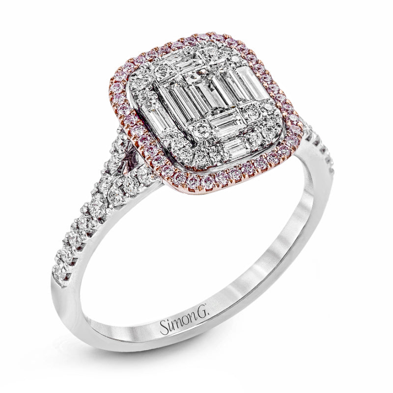 Introducing the Simon G. 18K White and Rose Gold Baguette Diamond Engagement Ring, featuring a square cushion halo design with a stunning array of baguette and round-cut diamonds. The band is elegantly adorned with small round diamonds and proudly stamped with "Simon G".