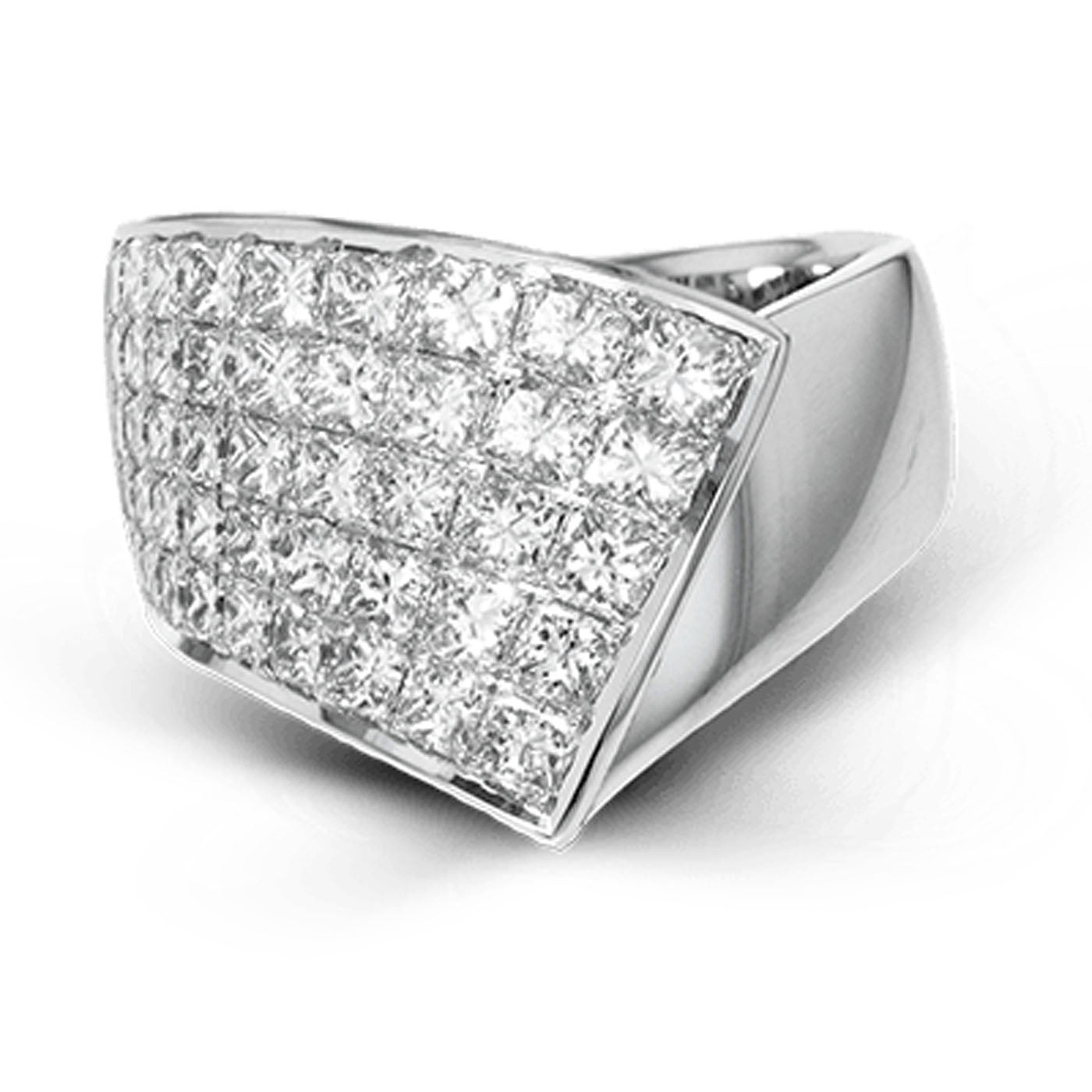 The Simon G. 18K White Gold Princess Cut Diamond Fashion Ring is a modern and elegant piece crafted in 18k white gold, featuring a silver ring with a square top adorned with a grid of small, sparkling diamonds. The design prominently showcases Simon-set princess cut diamonds on its broad, flat surface.