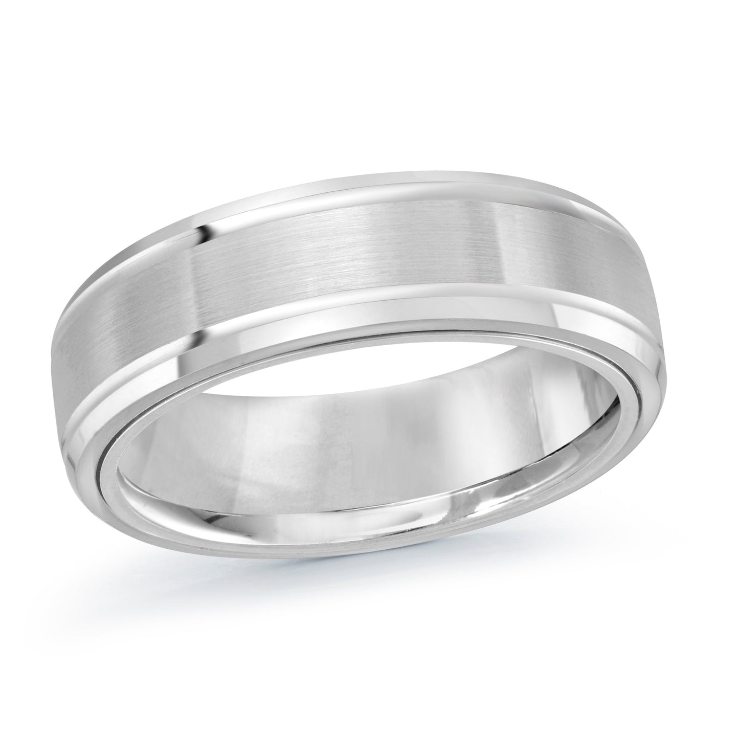 A sophisticated Malo 14K White Gold 8mm Wedding Band featuring a matte center and polished edges, captured from a slightly angled side view. The smooth texture reflects the light beautifully, emphasizing its refined design.