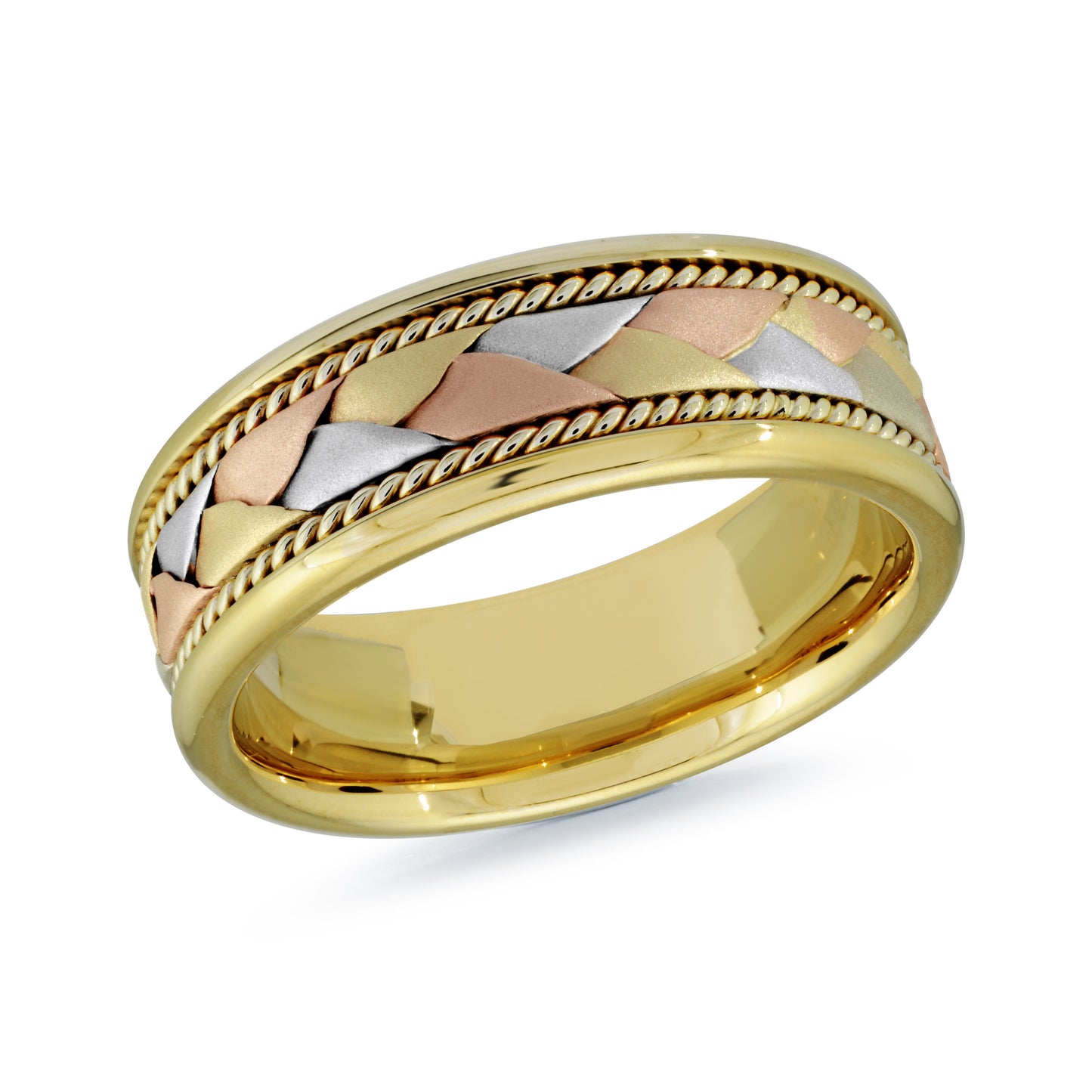 Introducing the Malo 14K White Gold 6mm Wedding Band, a striking piece that showcases a woven pattern integrating yellow, white, and rose gold segments. This exquisite ring is crafted in 14 karat white gold with an elegant rope-like edge design and boasts a lustrous finish, available in size 10.