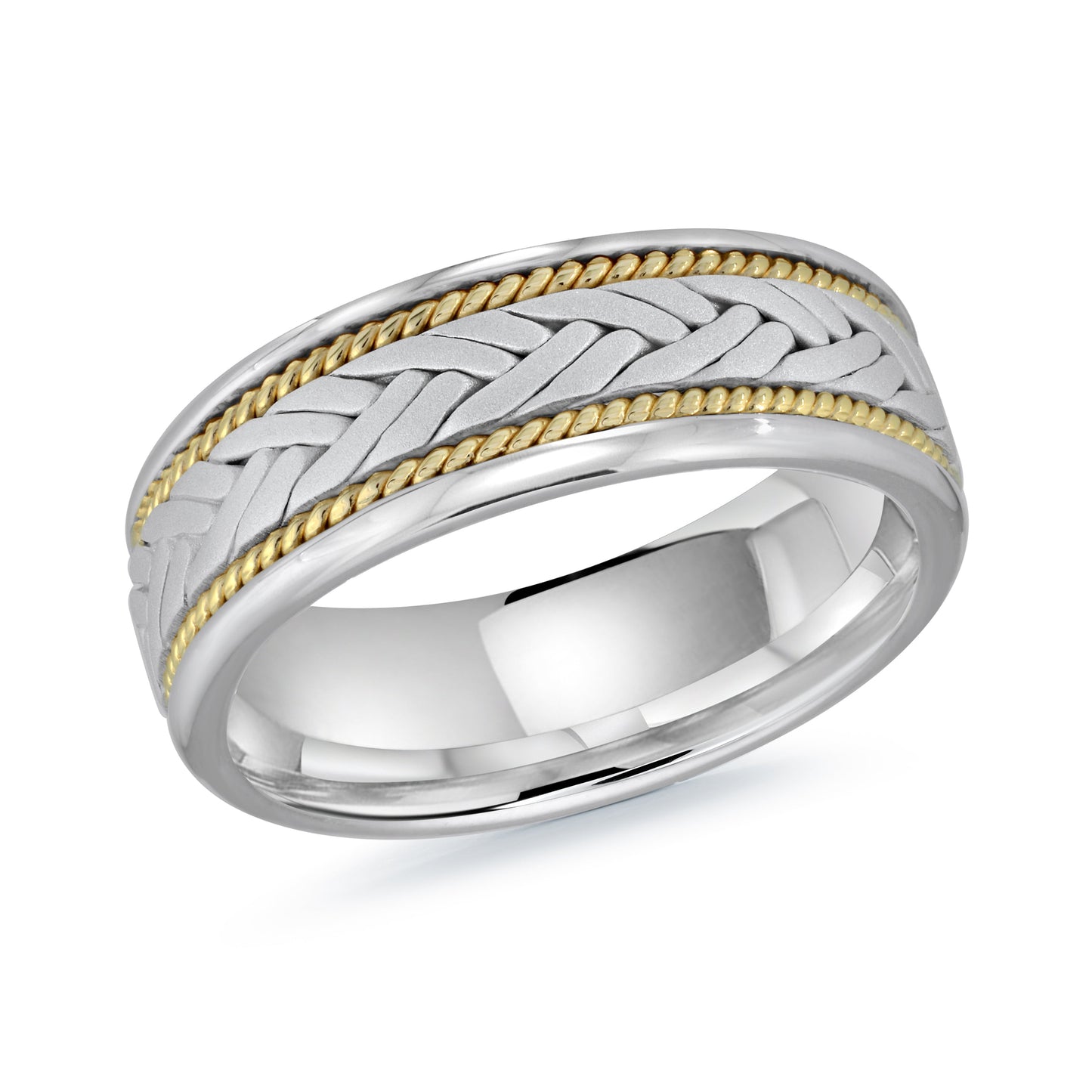 Introducing the Malo 14K White and Yellow Gold 7mm Wedding Band, a striking piece crafted with exquisite detail. This band showcases an intricate braided pattern at its center, beautifully framed by delicate twisted gold strands on each side and completed with a polished, reflective finish.