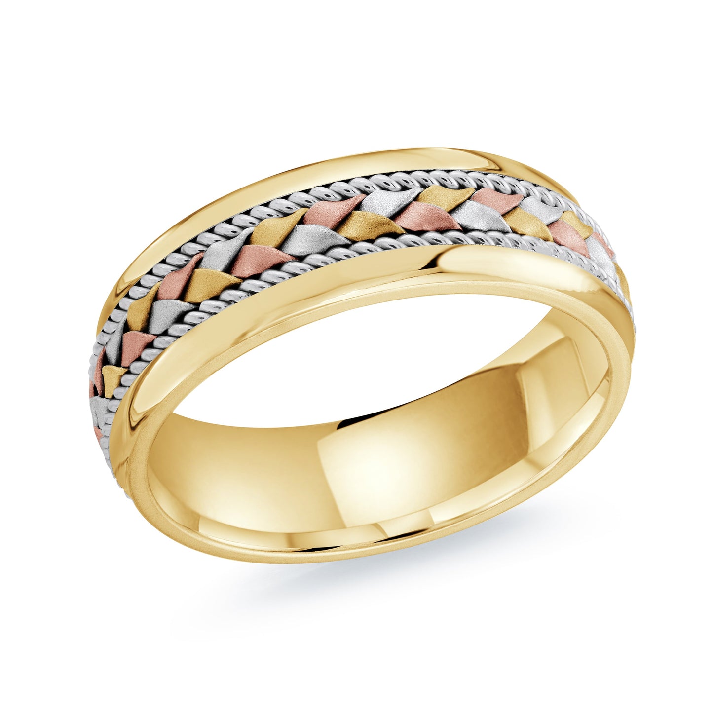 Introducing the Malo 14K Yellow, White, and Rose Gold 7mm Wedding Band—a stunning creation featuring an intricate braided design. This exquisite piece combines white gold, yellow gold, and rose gold to form a smooth, reflective band. Its polished finish beautifully captures the essence of a rose gold wedding band.