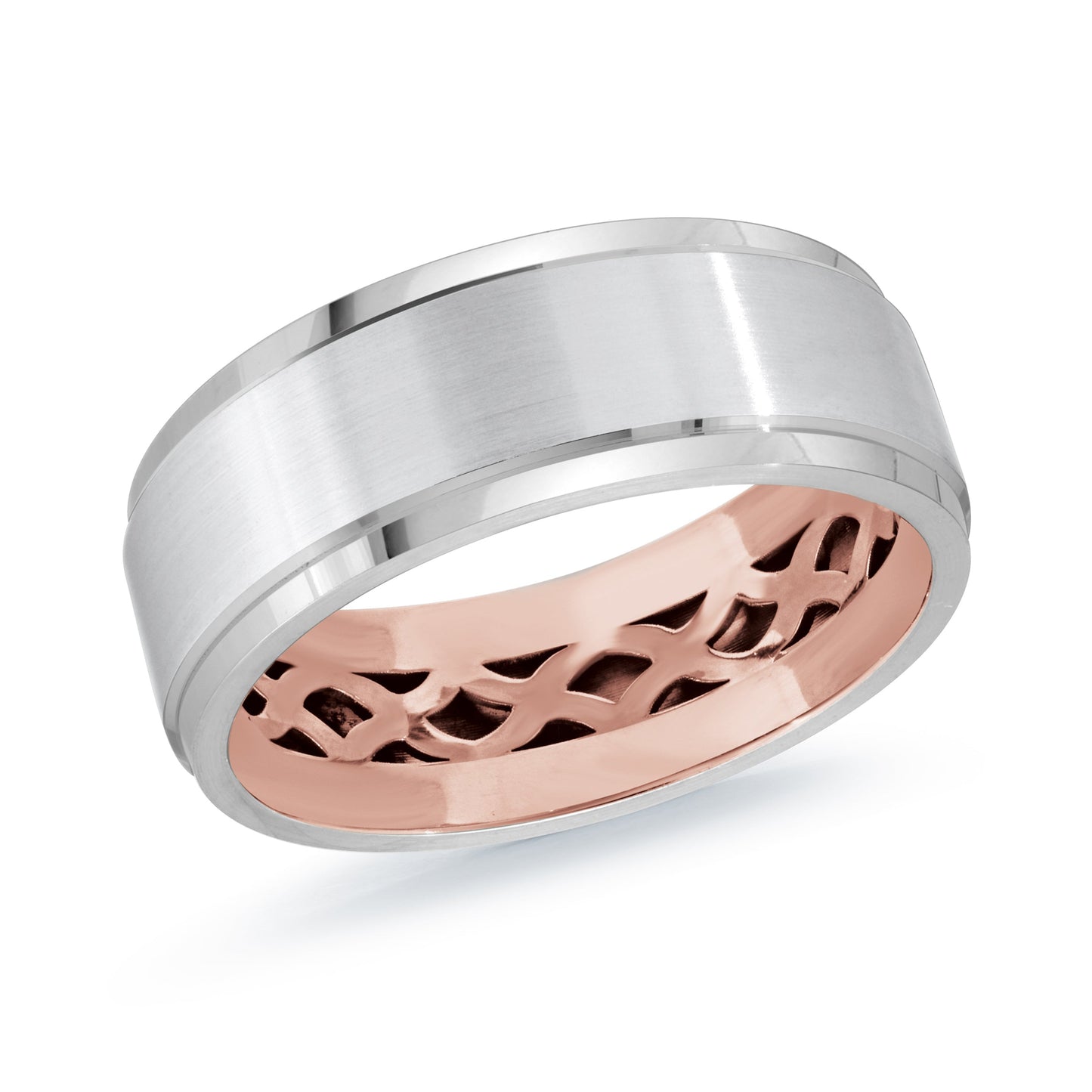 Introducing the Malo 10K White and Rose Gold 8mm Wedding Band: This exquisite piece features a sleek, matte silver exterior beautifully complemented by an intricate rose gold lattice design on the inner band. The combination creates a striking contrast of textures, exuding both sophistication and contemporary allure.