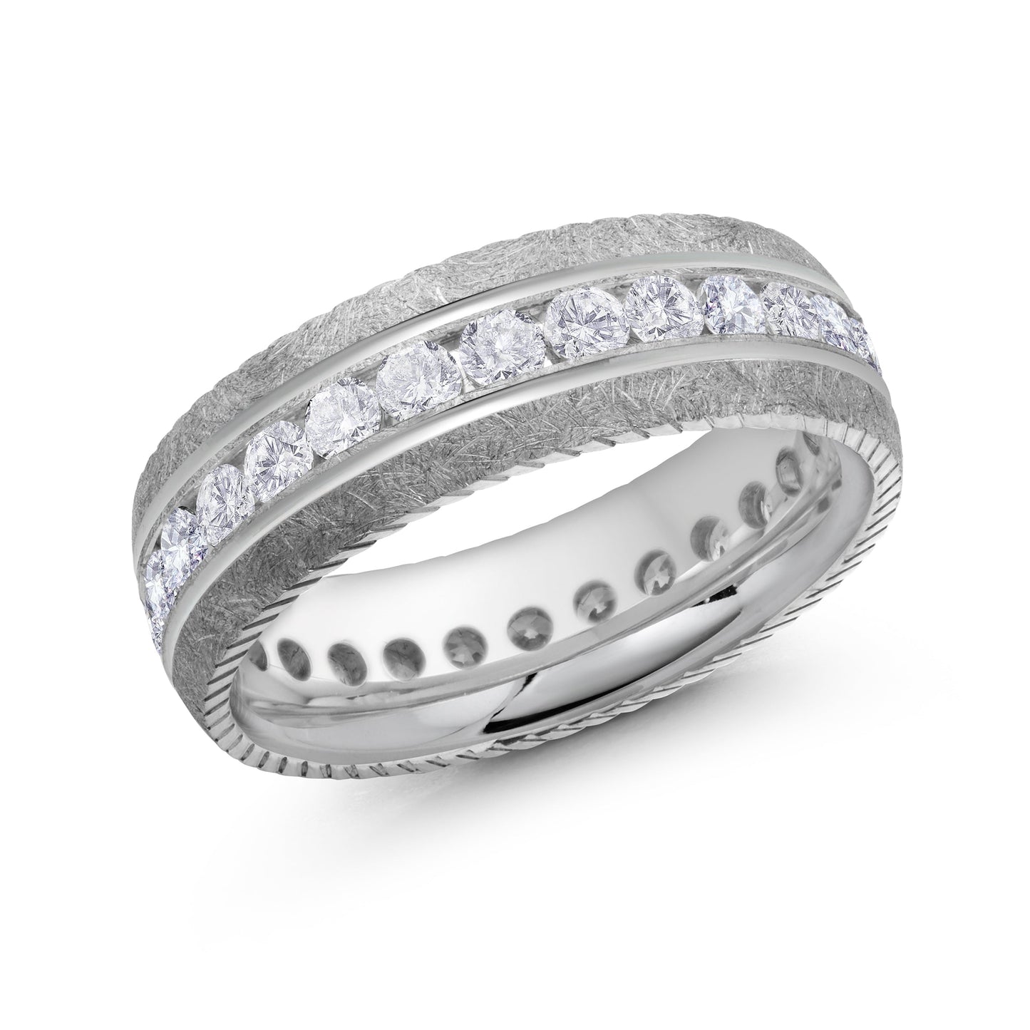 Introducing the Malo 10K White Gold Diamond 7mm Wedding Band, featuring a row of shimmering round diamonds at its core. This luxurious piece showcases a textured design on the outer edges, enhancing its polished and elegant appeal.