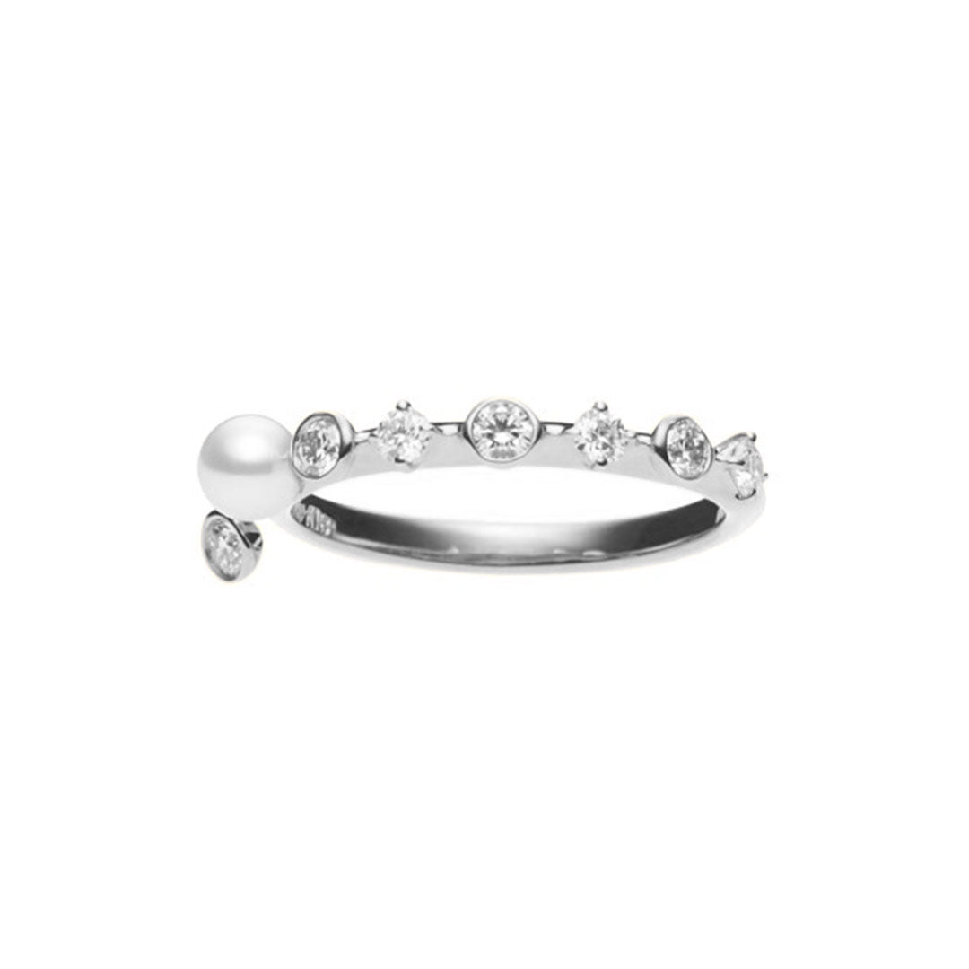 Introducing a stunning Mikimoto creation: the 18K White Gold Diamond with Akoya Cultured Pearl Ring. This masterpiece features an asymmetrical design with one end showcasing a single Akoya cultured pearl and the other adorned with an array of small, round diamonds. The open space between the pearl and the final diamond adds a unique touch to this exquisite piece, crafted in elegant 18 karat white gold.