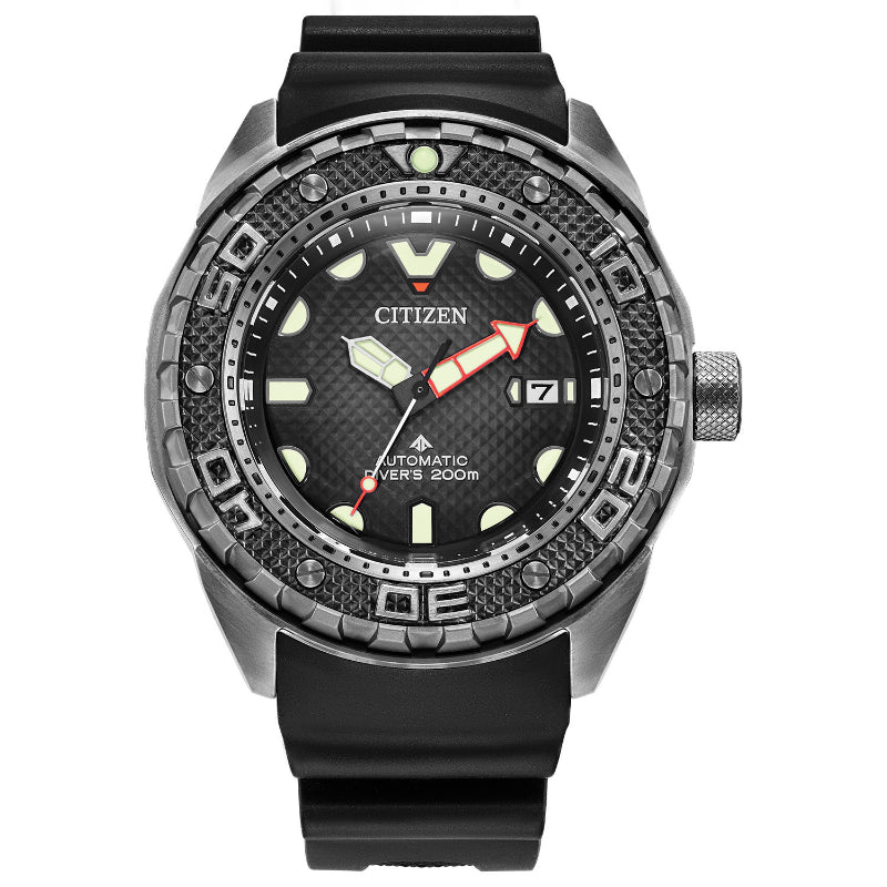 The CITIZEN Promaster Dive Super Titanium Automatic Mechanical 46mm Watch is an elegant dive watch featuring a black face and luminous hour markers. It includes a durable black rubber strap, a textured bezel, and a date display at the 3 o'clock position, designed for water resistance up to 200 meters.