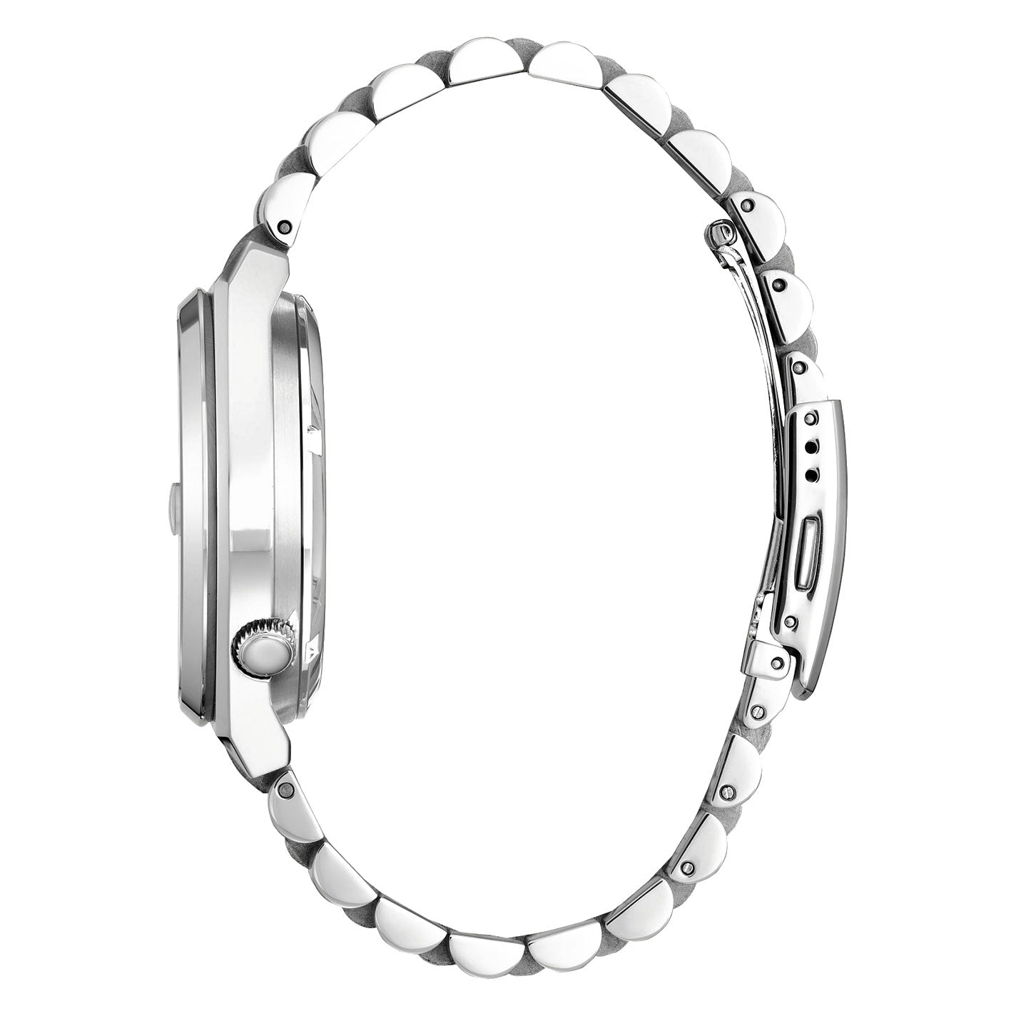 Side view of the CITIZEN TSUYOSA Collection Automatic Mechanical 40mm Watch in silver, featuring a metallic strap. This watch has an automatic movement with a round case and a crown on the side. The sports styling bracelet showcases linked segments, highlighting the profile and clasp design while offering water resistance for added durability.